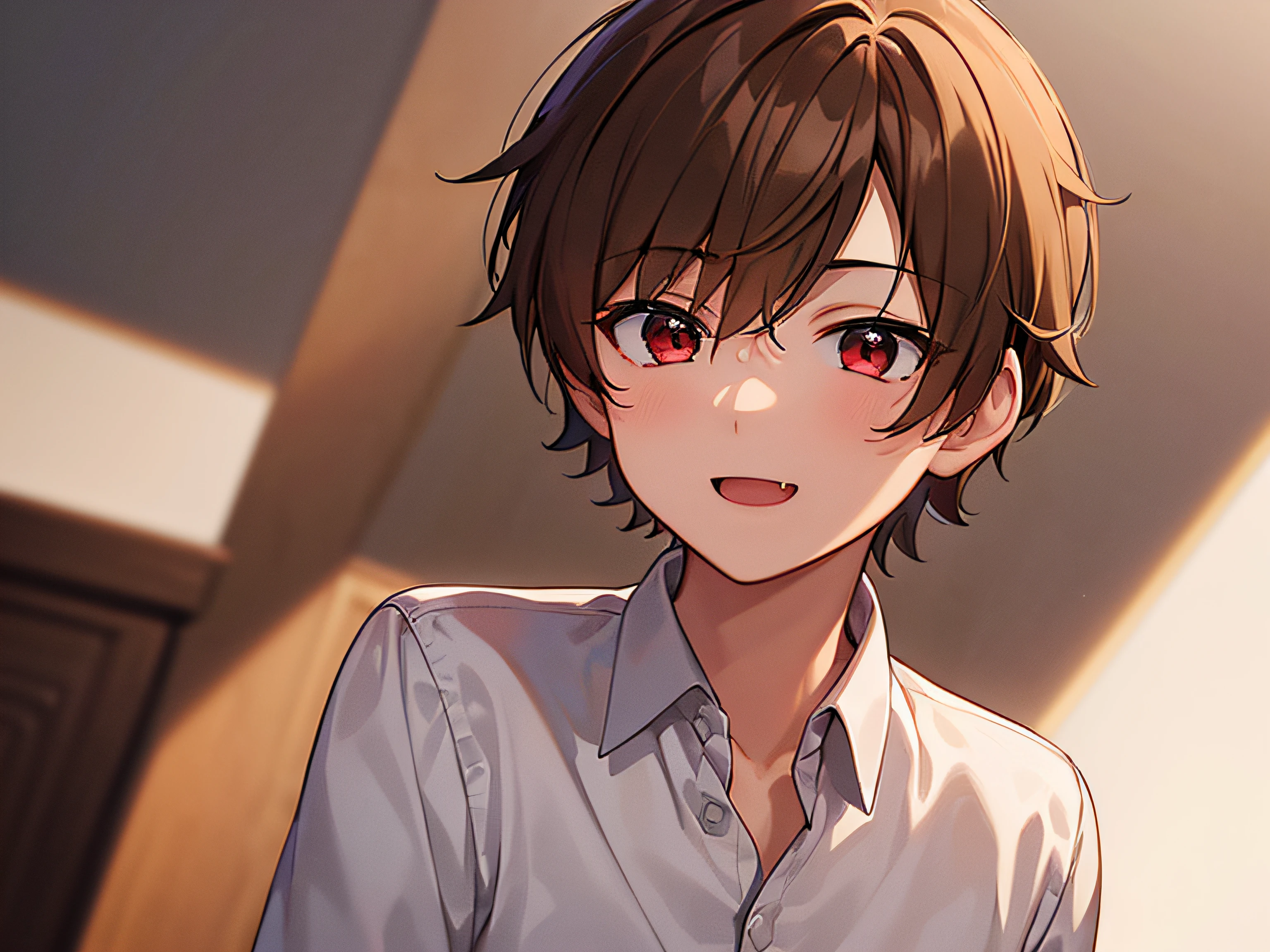 masterpiece,best quality,ultra detailed, ((((solo boy)))), ((mid-teen guy)),dynamic angle,light brown hair,red eyes,,hairs between eyes,gentle smile,white shirt, open mouth with skin fang,neutral,perfect face, good looking,slightly cute,