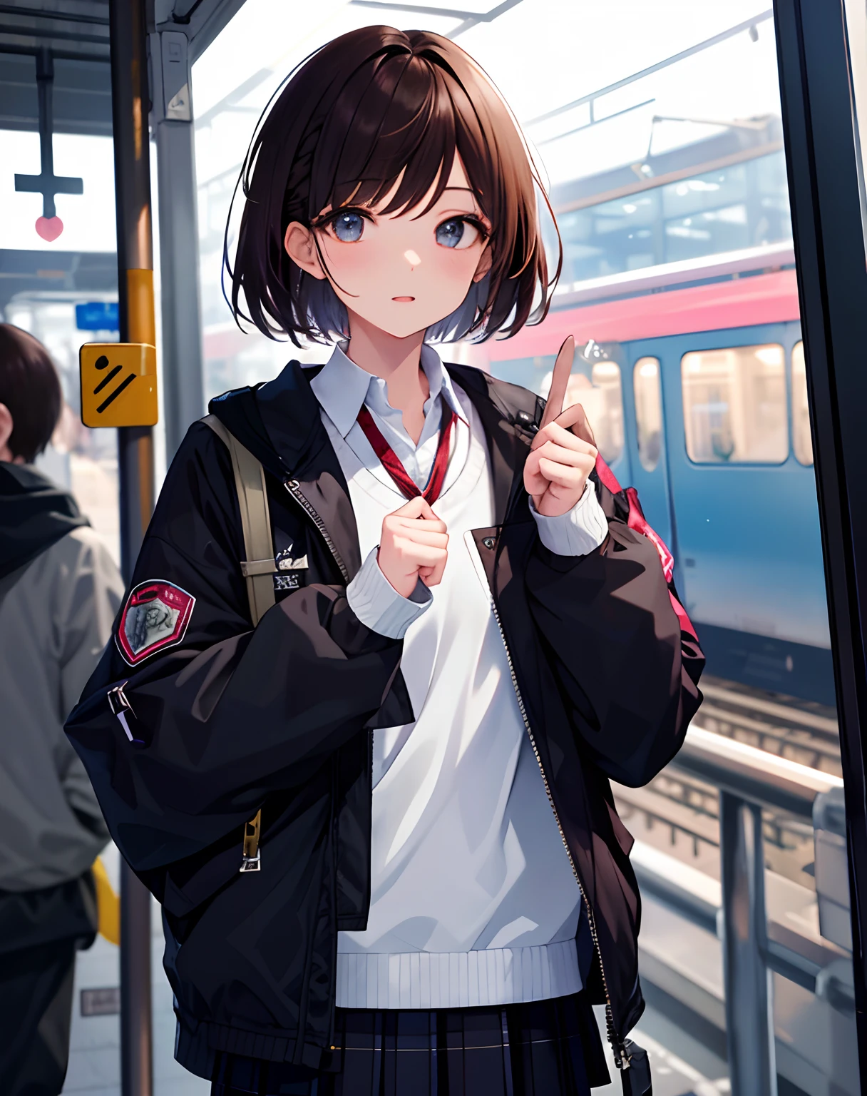 (tmasterpiece, Best Quality, 超A high resolution),1girll,short-haired, brunette color hair, jaket, midium skirt, hands in the pocket , Beautiful and detailed face, A detailed eye,At the train station,Hyper Detail Eyes