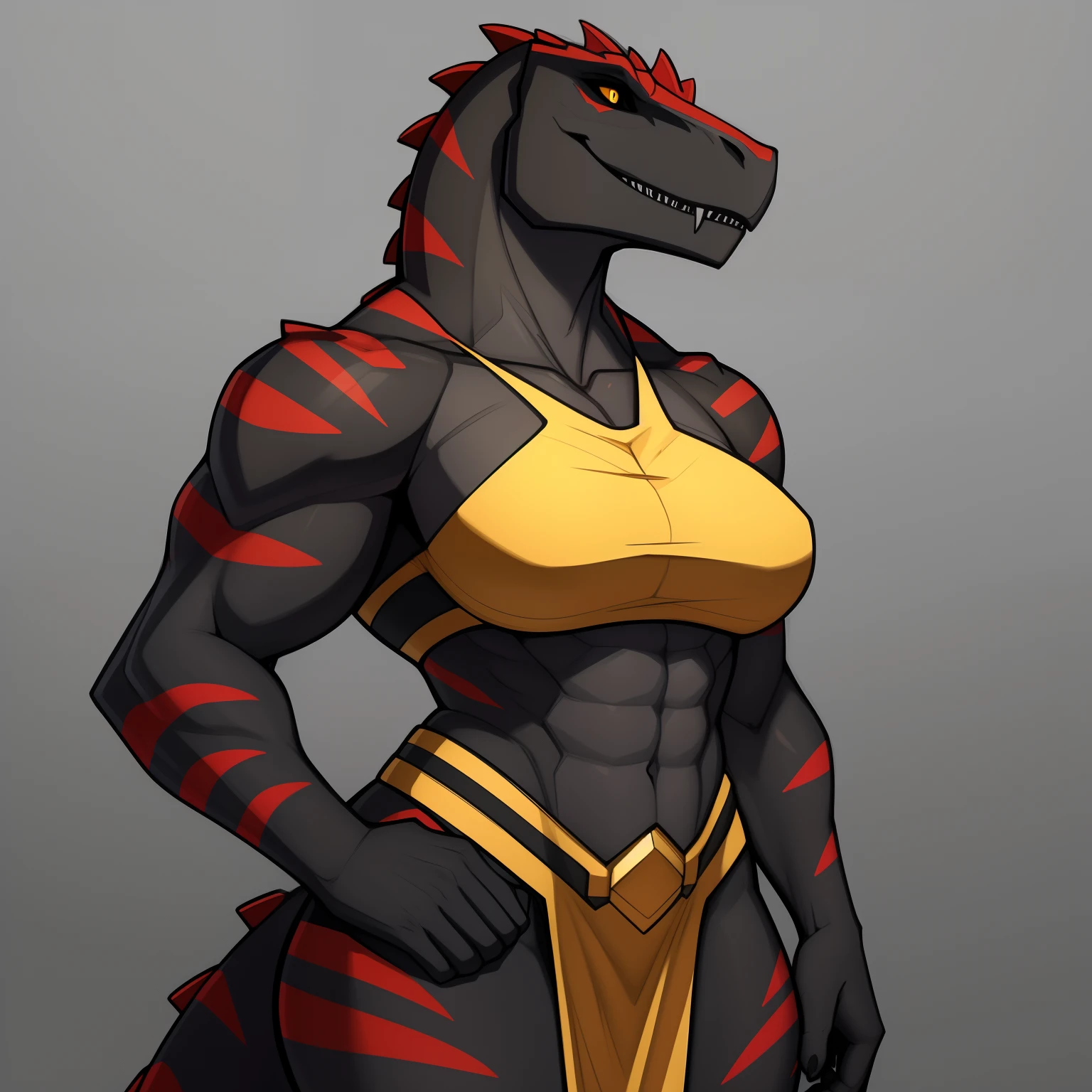 Tall_Muscular_tyranosaurus_rex female dark_gray_scaled_body yellow_iris black_sclera dark_red_stripes spotted_scales multi_tone_scales solo Masterpiece best_quality absurdres highly_detailed cleanly_drawn_eyes anthro_only by_claweddrip, by_greasymojo, by_underscore-b, by_runawaystride