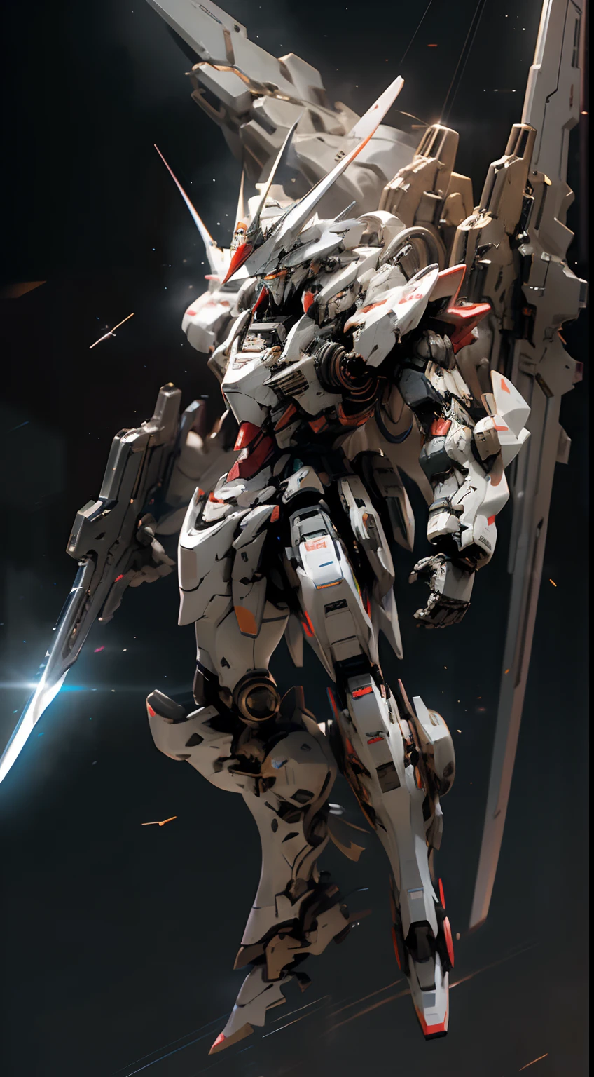 surrealism, Ray tracing, Photorealistic, nffsw, high detailing, 32K, Best Quality, Textured skin, Gundam Mech, flight, funnel, Brave Perspective Post, masutepiece, Best Quality, mechs, unmanned, (Full body), (Black Mecha: 1.5), (Axisymmetric: 1.4), (nffsw), (Movie Light: 1.1), Glowing eyes, Cool, Science fiction, funnel , universe, Oversized shield, Earth Background, with laser sword beam, karo, competition, weapon in hand (Has a huge arsenal: 1.5),(Fighting stance:1.1) , Dynamic Angle, (swirling energy:0.7)