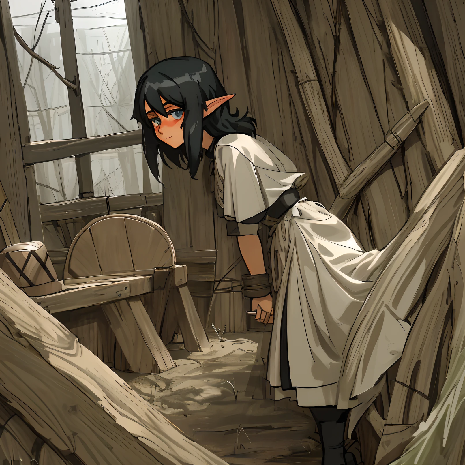 Jewish wood elf female black hair concentration camp and black strip prison outfit 50’s era