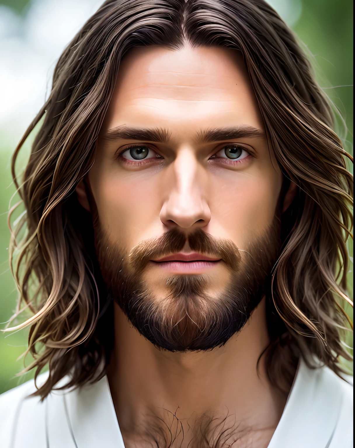 (symmetry),centered,a ((close)) up portrait,(Jesus),a very thin white man with long hair and a beard,wearing a long white robe,35mm,natural skin,clothes  detail, 8k texture, 8k, insane details, intricate details, hyperdetailedhighly detailed,realistic,soft cinematic light,HDR,sharp focus, ((((cinematic look)))),intricate, elegant, highly detailed