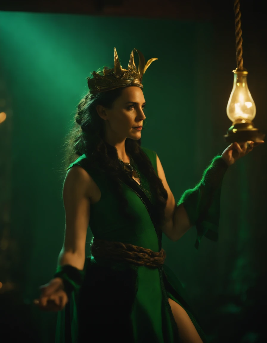 Loki , Women , Horned golden crown, Good shape , mediuml breasts, Few pieces of clothing, Dark green-black rope restricts around the body., Green Power, lighting green, Green-black bondage rope background, mystical, Worth discovering., Magic, fantasy, motion picture, lifelike, diffused lighting, Mystical Shadows,