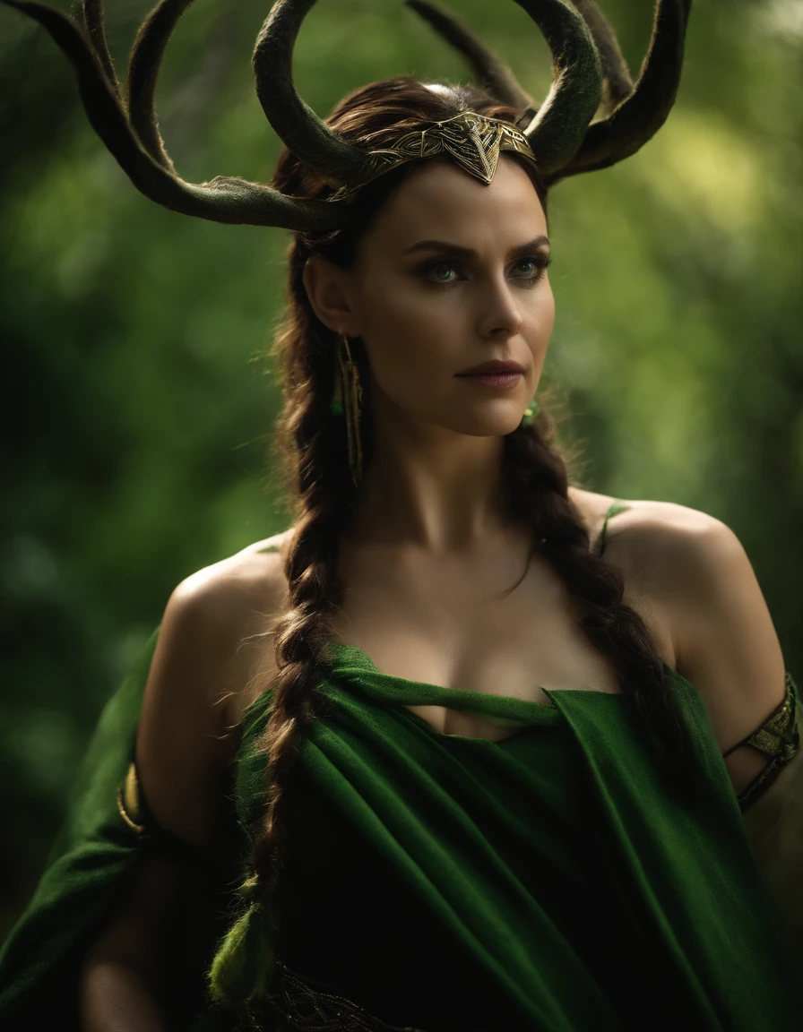 Loki , Women , Horned golden crown, Good shape , mediuml breasts, Few pieces of clothing, Dark green-black rope restricts around the body., Green Power, lighting green, Green-black bondage rope background, mystical, Worth discovering., Magic, fantasy, motion picture, lifelike, diffused lighting, Mystical Shadows,