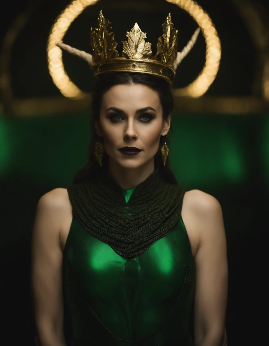 Loki , Women , Horned golden crown, Good shape , mediuml breasts, Few pieces of clothing, Dark green-black rope restricts around the body., Green Power, lighting green, Green-black bondage rope background, mystical, Worth discovering., Magic, fantasy, motion picture, lifelike, diffused lighting, Mystical Shadows,