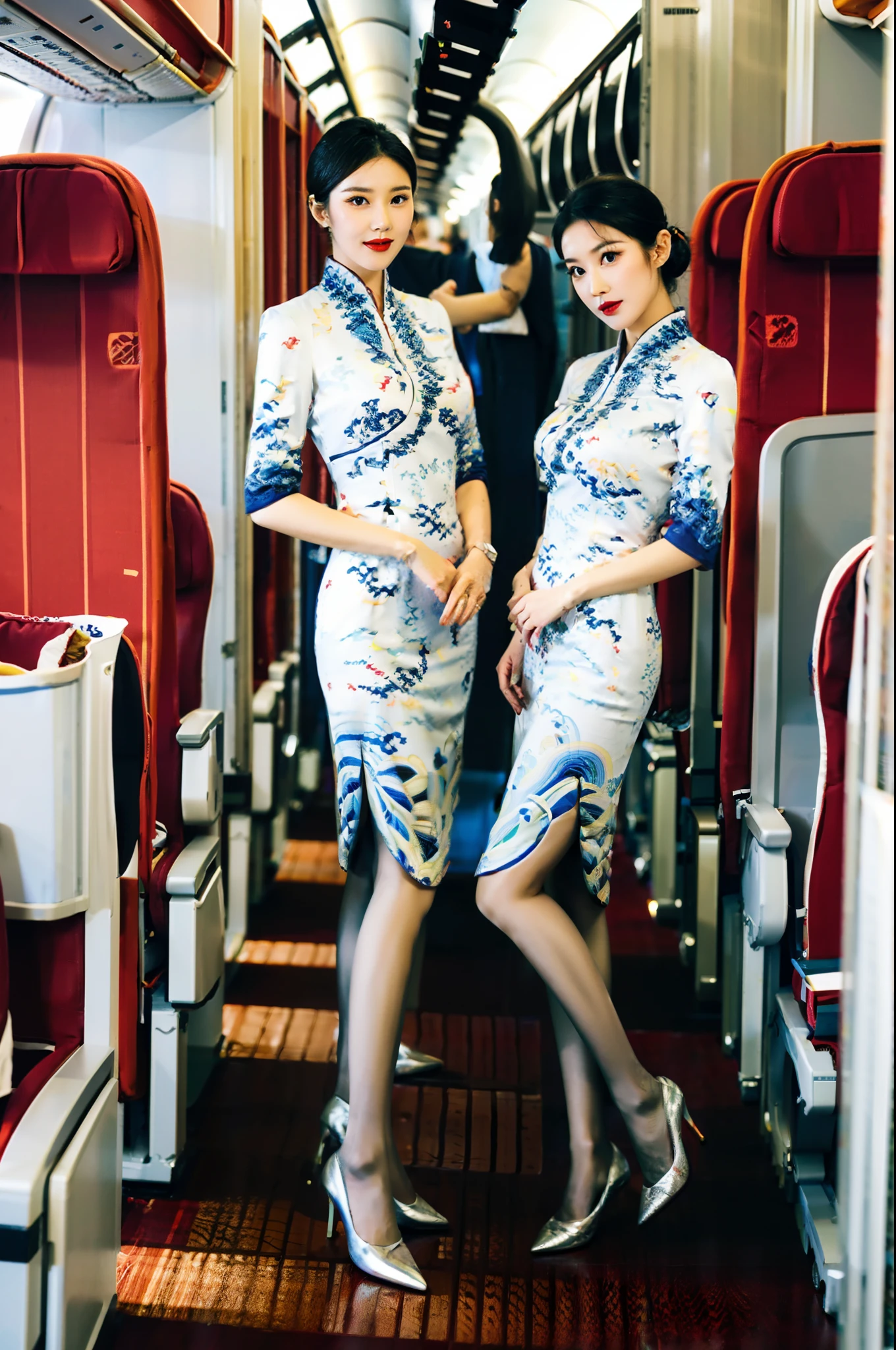 Stiletto heels，Single ball hairstyle，Heavy makeup，Redlip，White skin，mature，full bodyesbian，Long legs，You can see the whole body，Ultra-thin flesh-colored pantyhose，Flight attendant cheongsam uniform，On the plane，Two women together