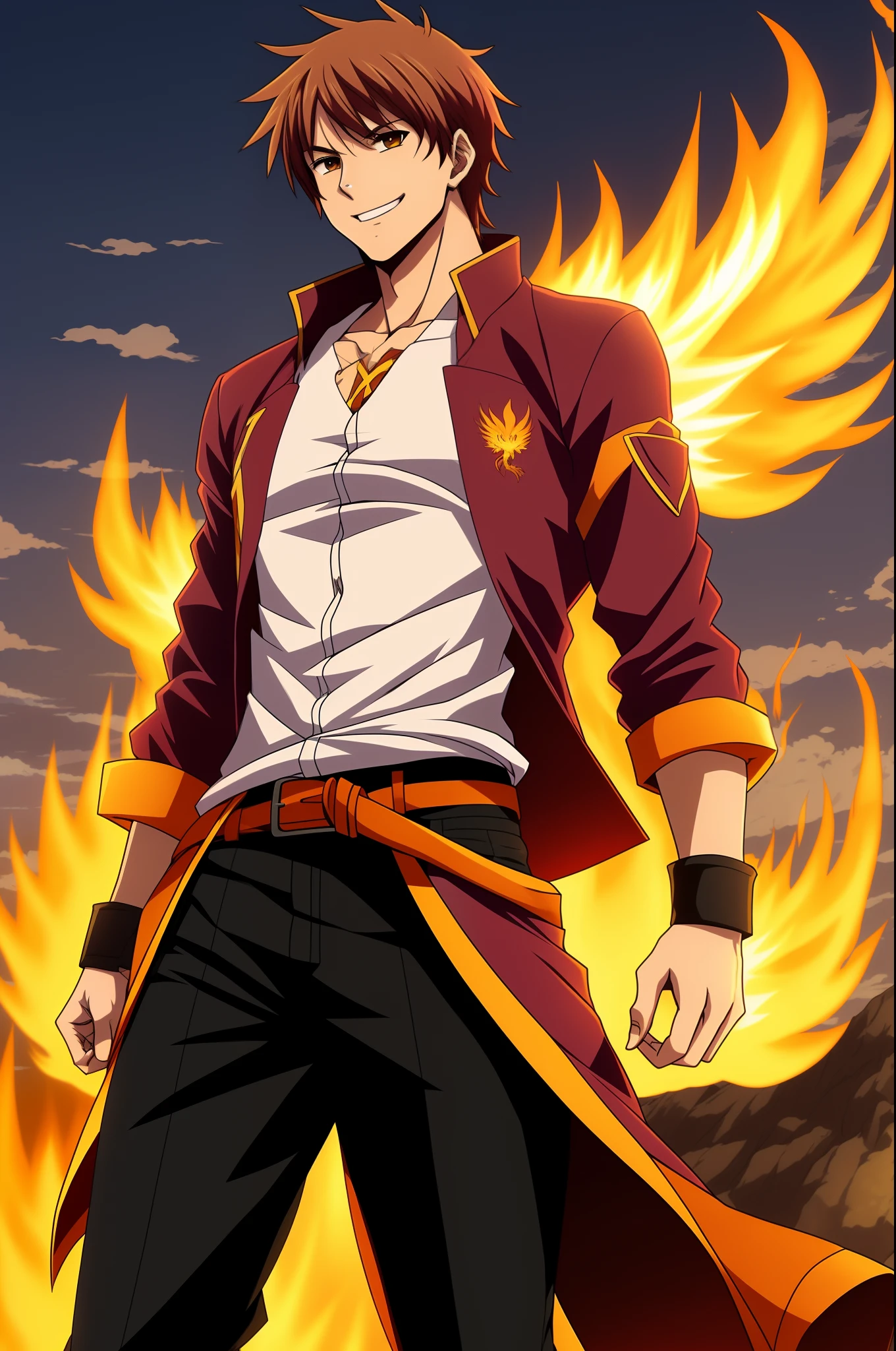 Personagem masculino anime jovem ruivo e sorridente. Usa roupas largas e tem um machado pegando fogo. Uma aura de fogo a sua volta. A phoenix bird in the background