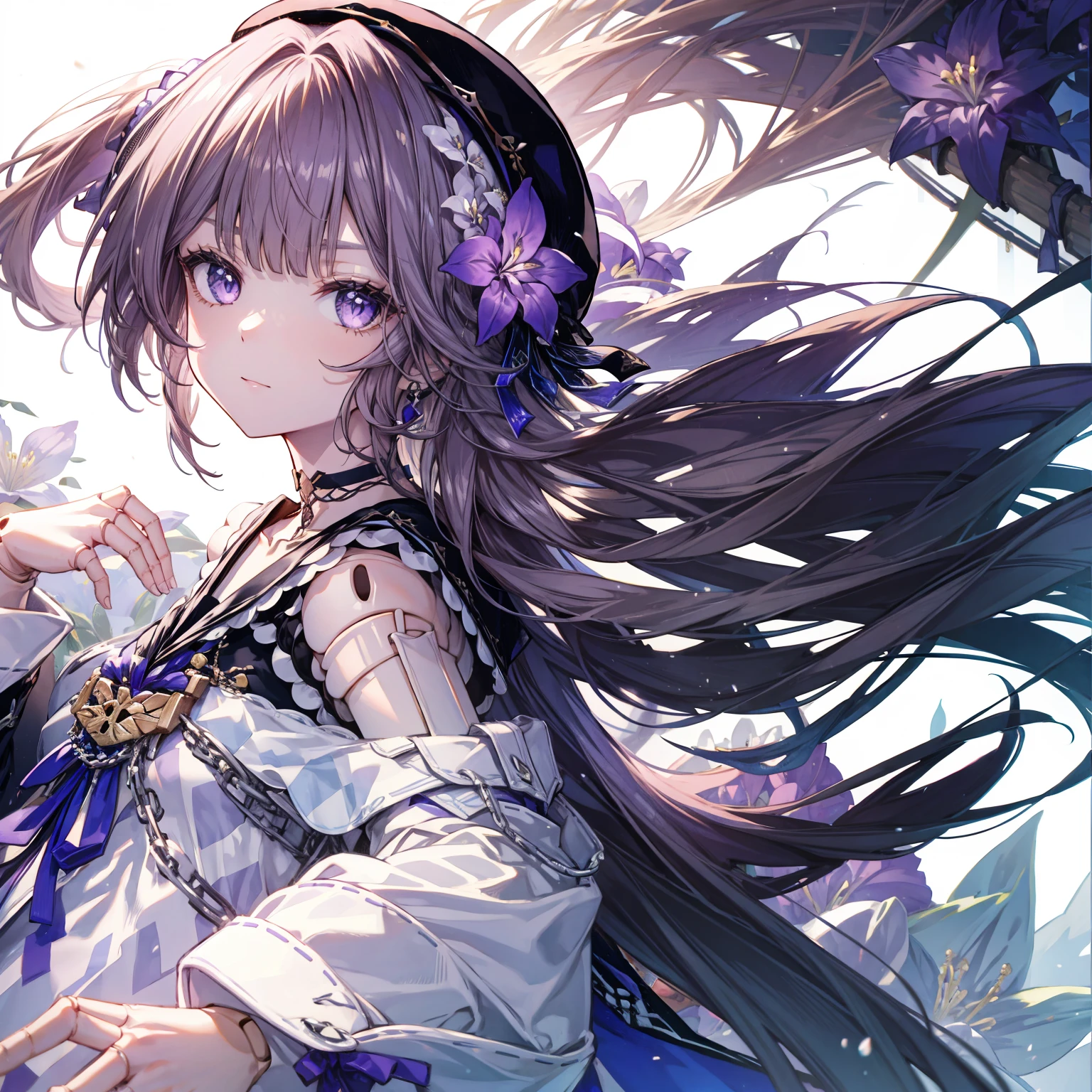 masterpiece, best quality, ultra-detailed, illustration, 1girl, solo,  herta /(honkai star rail/), grey hair, long hair, purple eyes, doll joints, small breasts, purple hair flower, beret, single earring, choker, collarbone, hertadress, black jacket, long sleeves, purple ribbon, frills, white dress, checkered dress, tailcoat, (close up:1.9),