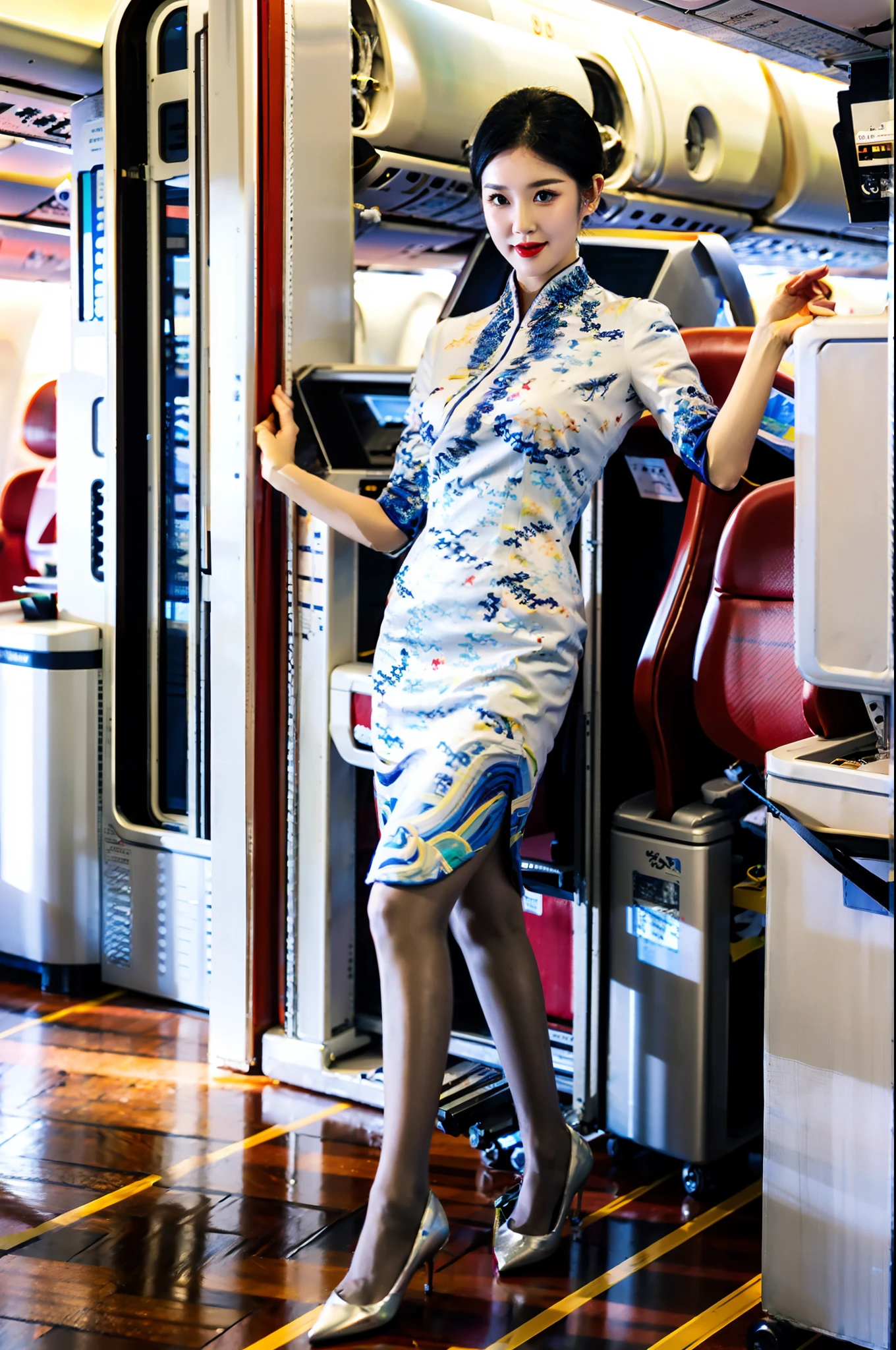 Stiletto heels，Single ball hairstyle，Heavy makeup，Redlip，White skin，mature，full bodyesbian，Long legs，You can see the whole body，Ultra-thin flesh-colored pantyhose，Flight attendant cheongsam uniform，On the plane，Two women together