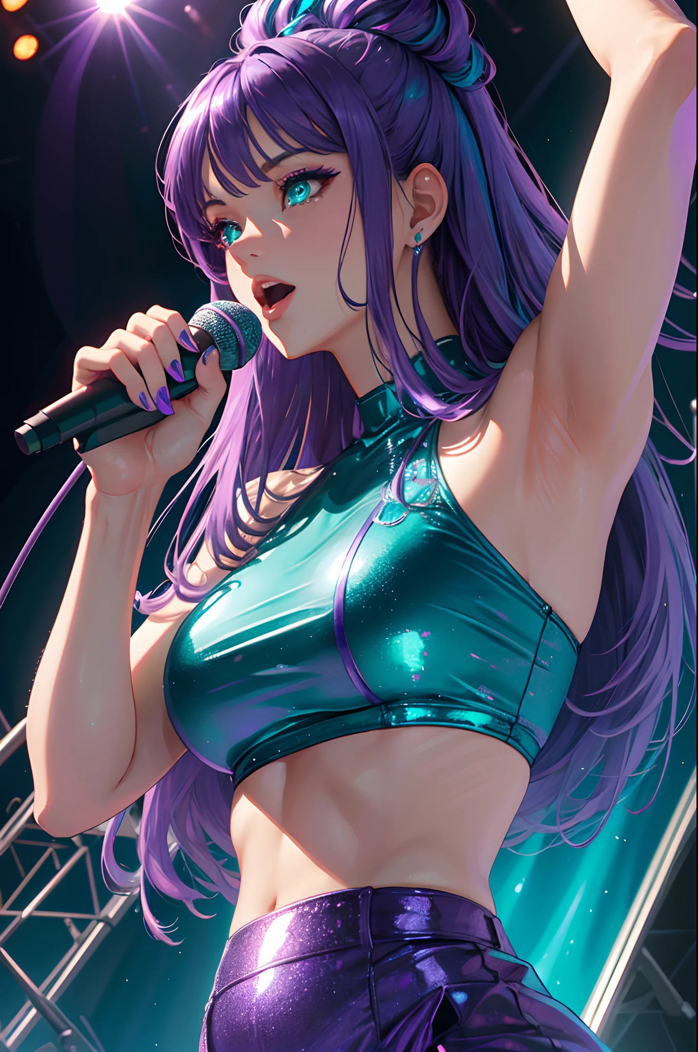 ( Absurd, High quality, Ultra-detailed, Masterpiece, smooth, high detail artwork, Hyper-realistic painting , high resolution, (( Teal and Purple hair)), Bigger Chest, Romantic, Vivid, Whole body Shot,largeeyes,Beautiful eyes, sweet Face, Perfect, Singing on stage With Microphone, Longer Hair, Lights On Character, Disco Ball, Lights, Hands Holding Microphone, Shiny Detailed Nails