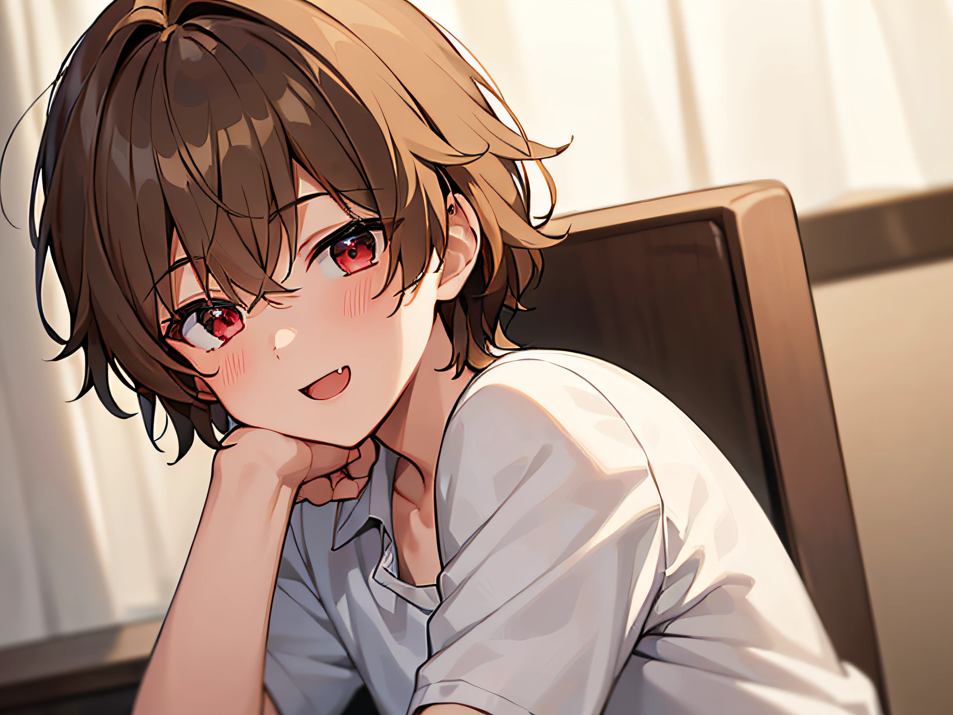 masterpiece,best quality,ultra detailed, ((((solo boy)))), ((-teey)),dynamic angle,light brown hair,red eyes,,hairs between eyes,gentle smile,white shirt, open mouth with skin fang,neutral,perfect face, good looking,slightly cute,