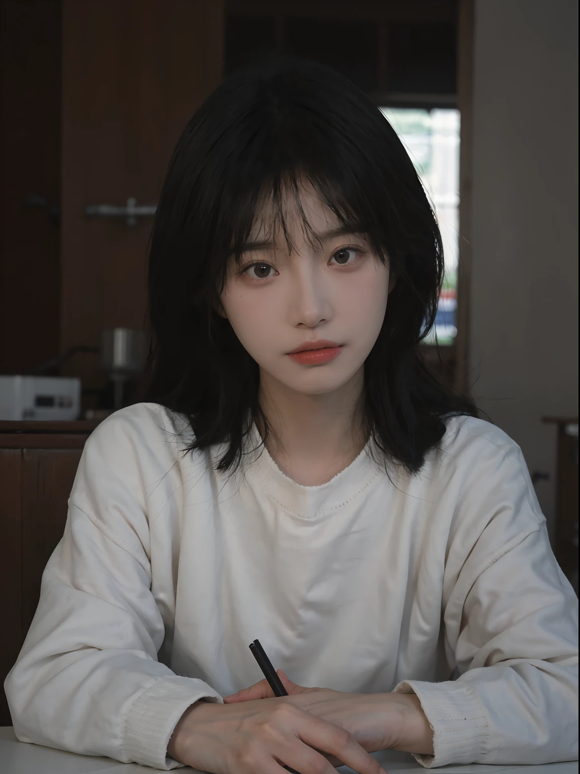 best qualtiy， 超高分辨率， （realisticlying：1.4）， A woman with long black hair and a gray sweater, 中景 the scene is, in a sunbeam，She has black hair，By bangs, young lovely Korean faces, wan adorable korean face, ulzzangs, Shin Jinying, beautiful aesthetic face, Korean face features, Played by Liu Lee Ji Eun ，Beautiful realistic face