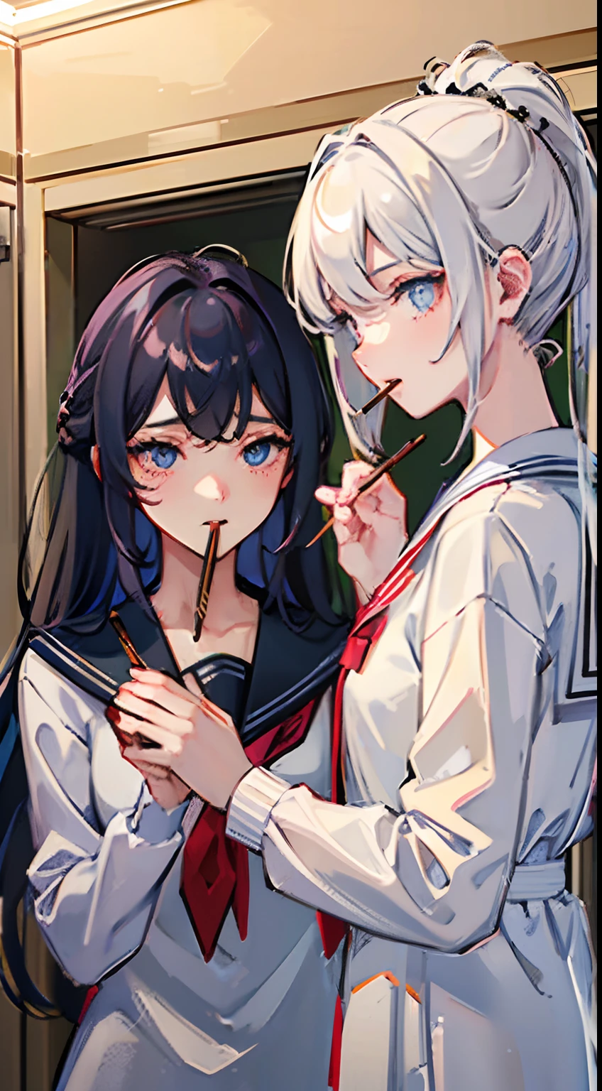 {{{masterpiece}}},{{{best quality}}}, {{ultra-detailed}}, {illustration}, {{an extremely delicate and beautiful}},{{{super detailed skin}}},(((detailed))),(((beautiful detailed eyes))),(((caustics))),((2girls:1.3)),glistening skin,shiny hair, ,long_ponytail,school_uniform,locker room ,(( pocky game)),