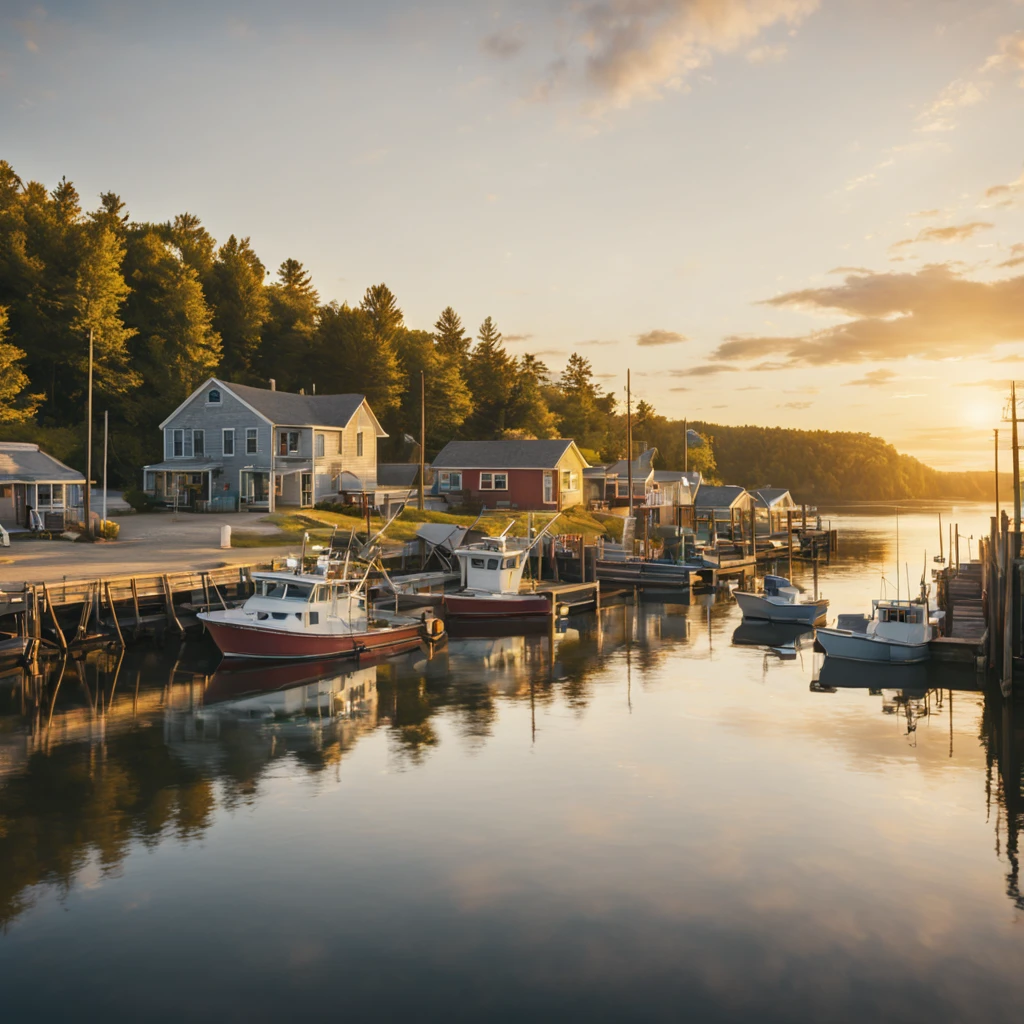 small fishing harbor in a small township in the northern united states, modern days, summer, soft light of the yellow sunset, realistic, cinematic, warm tones, soft colors, ultra quality, hyper realistic