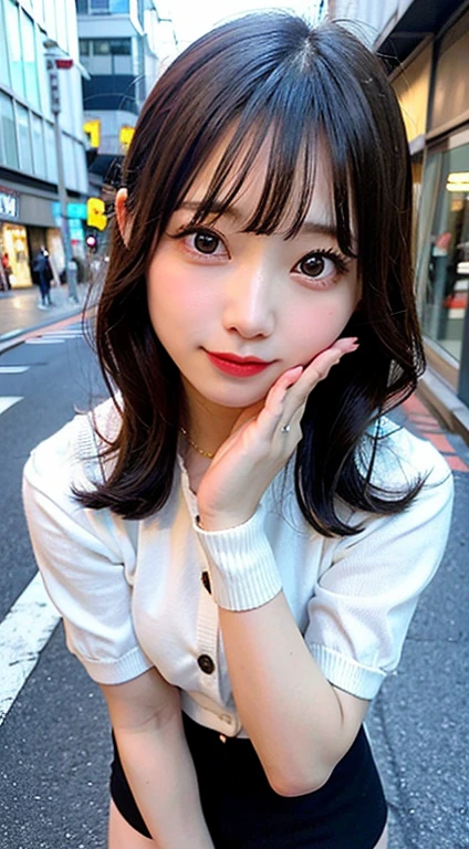 (8K、Raw photography、top-quality、masterpiece:1.2),Detailed face and eyes,Best Quality, 超A high resolution, Highly detailed ,intricate detailes ,masutepiece ,Cute Girl , Soft cinematic light, Hyper-detailing,Sharp Focus, High quality, blondehair, Longhaire, tits out,((light blue cardigan)),((White shirt)),(Black miniskirt)、Black socks、(Black knee socks)、(Loafer shoes)、on tokyo street、natta、A city scape