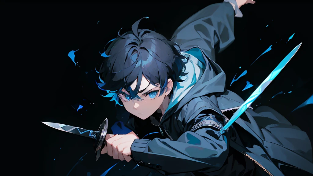 black backgrounds、brilliance、Particles of light、chromatic abberation、(One Boy:1.3)、A dark-haired、(Blue Jacket Hood)、(blue eyess:1.6)、Works with colorful textures、(hair messy:1.2)、short-hair、(Boy fighting with a knife:1.3)、Boy with a blue dagger、Blue knife、daggers