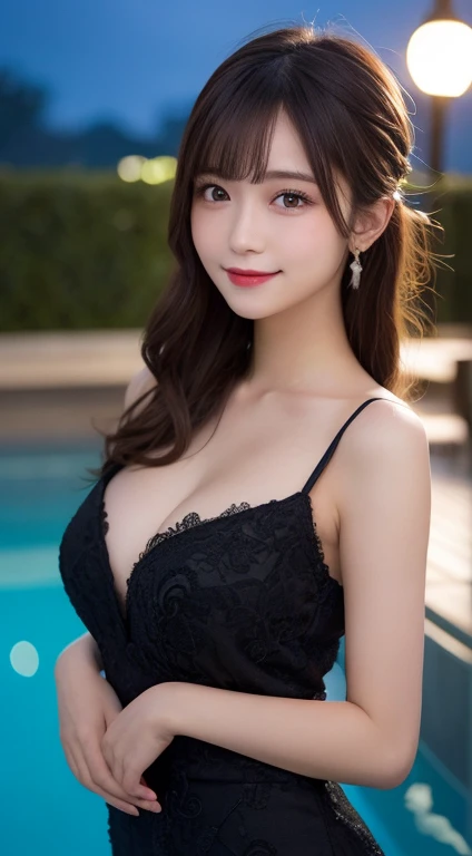 masutepiece, Best Quality, Illustration, Ultra-detailed, finely detail, hight resolution, 8K Wallpaper, Perfect dynamic composition, Beautiful detailed eyes, Red Black Dress,see -through,Long Hair, swept bangs, half updo,Small breasts, Natural Color Lip, Bold sexy poses,Smile,Night Pool、20 years girl、Cute