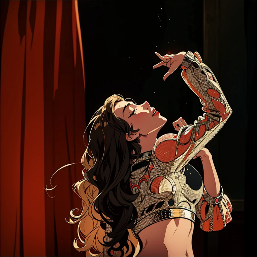 A 20-year-old girl with curly blond hair，Wearing a silver cut-out crop top，Redlip，Raise your head，ssmile，Raised sexy，Close your eyes，Raise your hands above your head，Flamenco gestures，The background is a red curtain and black shades，strong contrast of light and shadow，Dramatic，in an art nouveau style