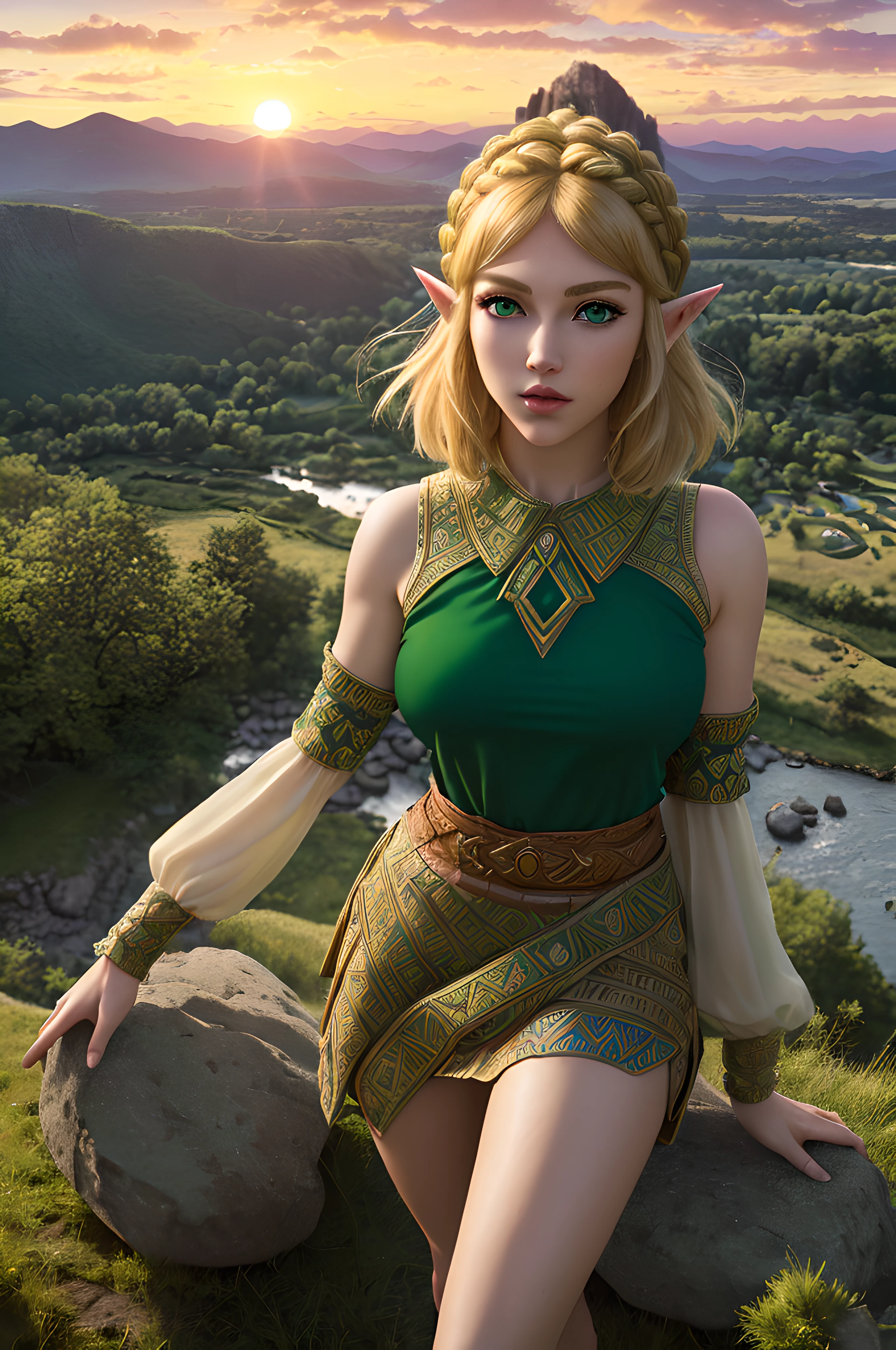 (symmetrical1.3), (mid shot), (solo:1.3), (front view:1.3), ((standing on a rocky hill)) princess zelda, blonde hair, (green eyes:1.5), pointy ears, hair ornament, hairclip, parted bangs, short hair, crown braid, (((looking at the viewer))), (river, castle, sunset, mountains, forest), romantic clouds, masterpiece, 4k, highly detailed, ((mysterious))