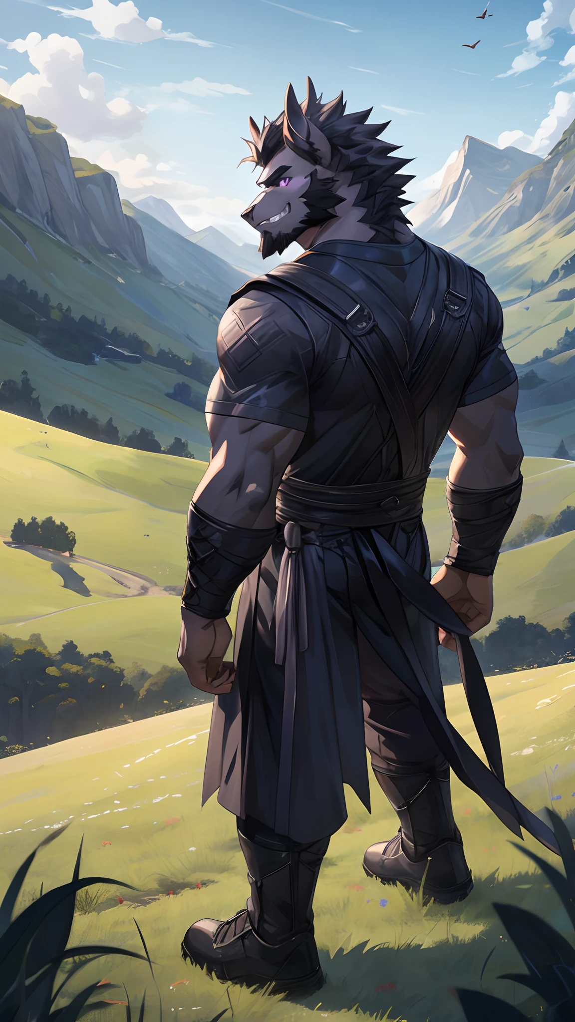 Masterpiece, Cool Pose, Furry Black Dragon, Strong Fit Body, Purple Eyes, Black Pupil, Grey Medium Hair, Grey Facial Hair, Casual Black Set, Fierce, Good looking, teeth, Smirking, Looking To Back, Standing In Grass, High Ground, Morning, Hill Background.