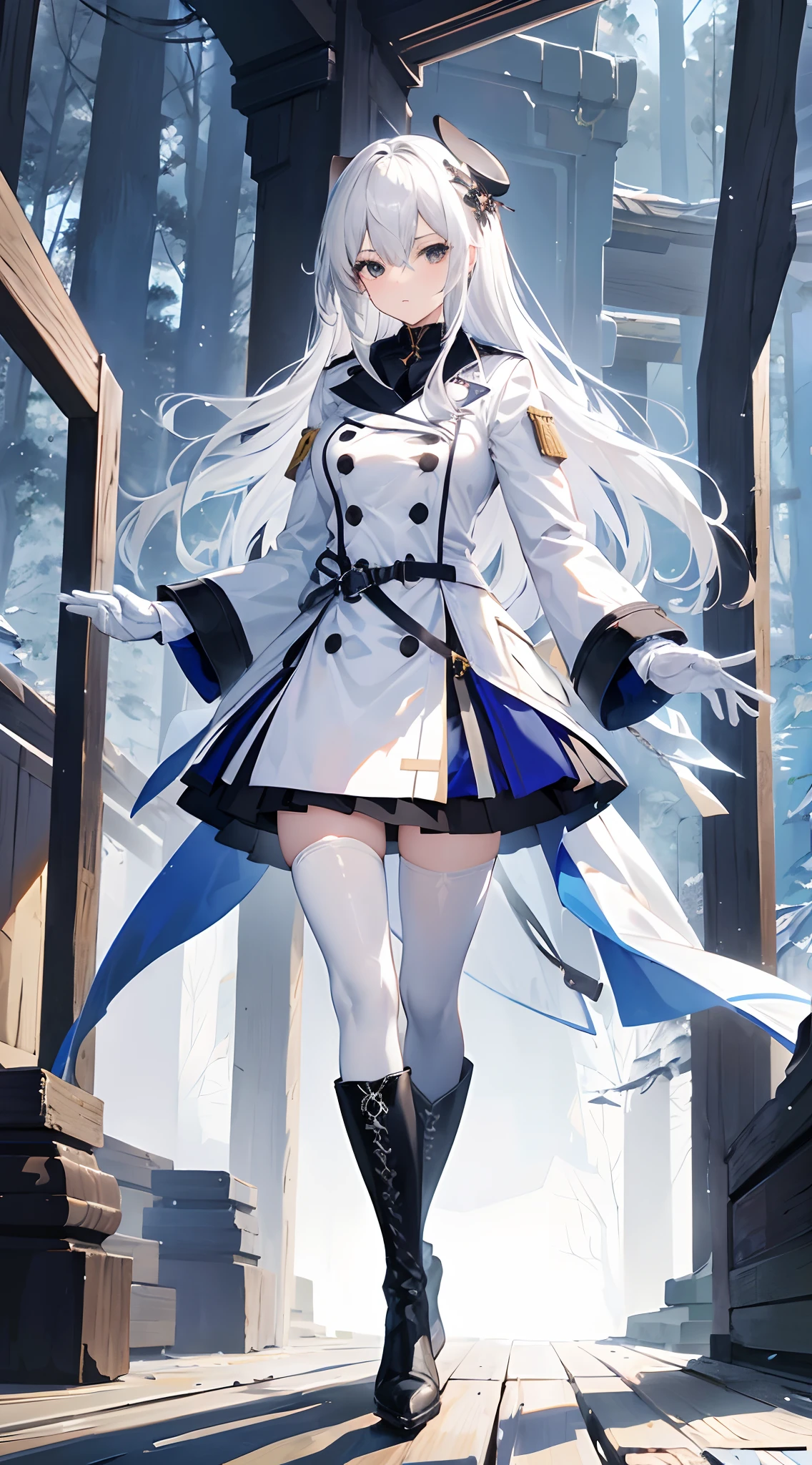 masutepiece,Best Quality,a beauty girl,(black hair),Middle hair,(black eyes),Rugged look,Whiteware,(Double-breasted trench coat),(gloves),(Long skirt),(Wearing tights),(long boots),snow,coniferous forest