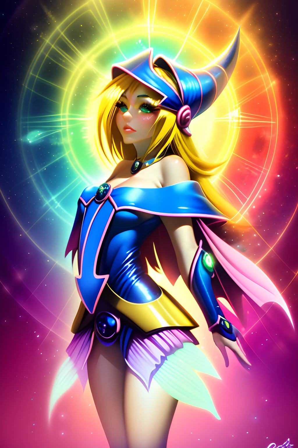 ((La mejor calidad)), ((Obra maestra)), ((realista)), retrato, dark magician gils.
1girl, celestial, Deidad, diosa, light particles, halo, Mirando al espectador,
(bioluminiscente:0.95), Vibrante, Colorido, Color, (resplandeciente, resplandecer),
(beautiful composition), cinematic lighting, intrincado, (Symmetrical:0.5), Caprichoso,