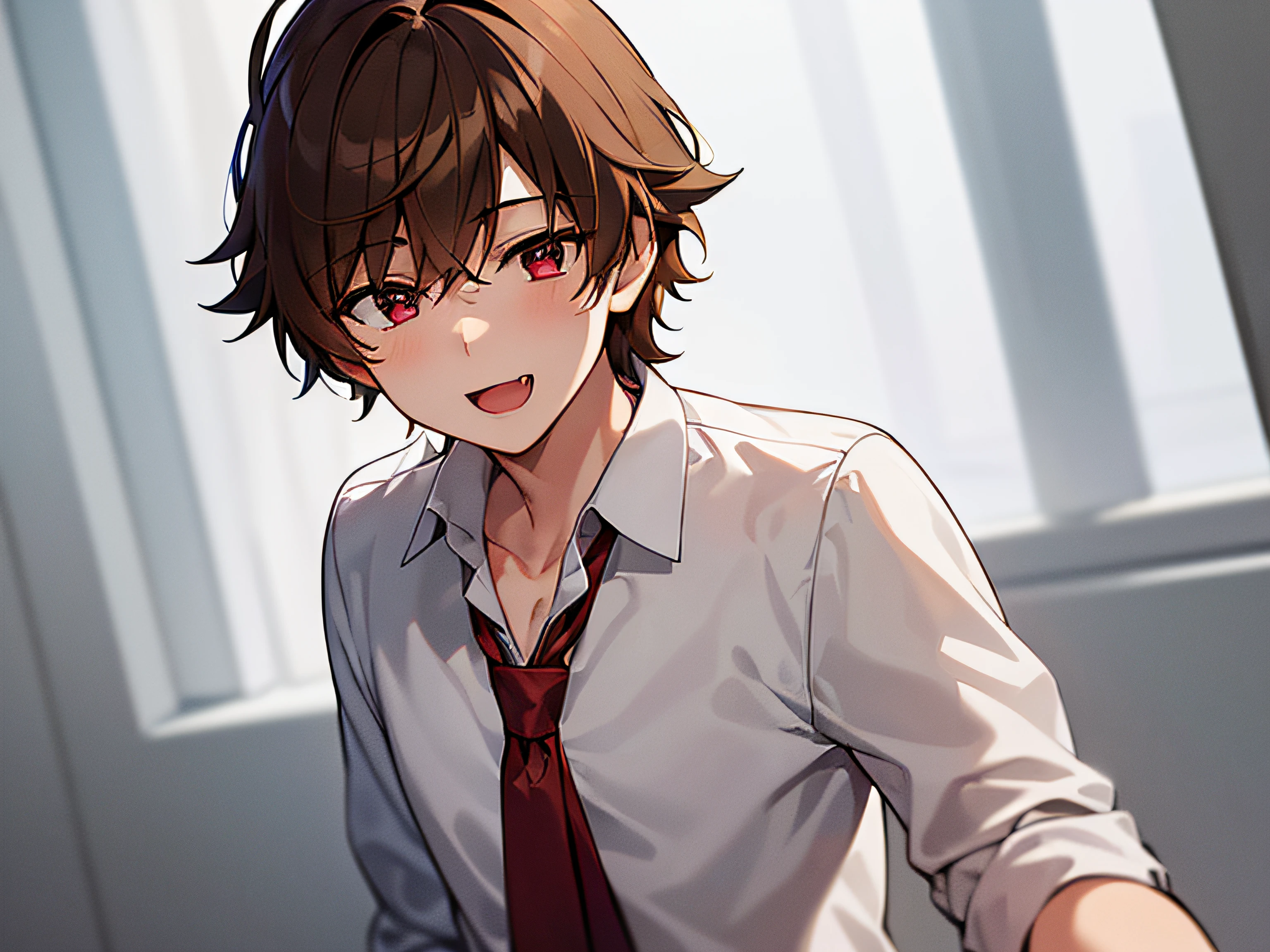 masterpiece,best quality,ultra detailed, ((((solo boy)))), ((mid-teen guy)),dynamic angle,light brown hair,red eyes,,hairs between eyes,gentle smile,white shirt, open mouth with skin fang,neutral,perfect face, good looking,slightly cute,