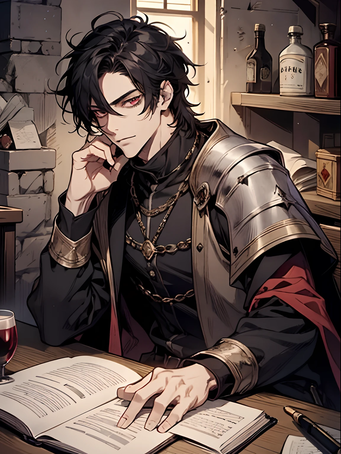 1 male, age 39 face, handsome, messy black hair, crimson eyes, dark sorcery, black magic, black magic, condescending, sitting in a dark dungeon, medieval, dark fantasy