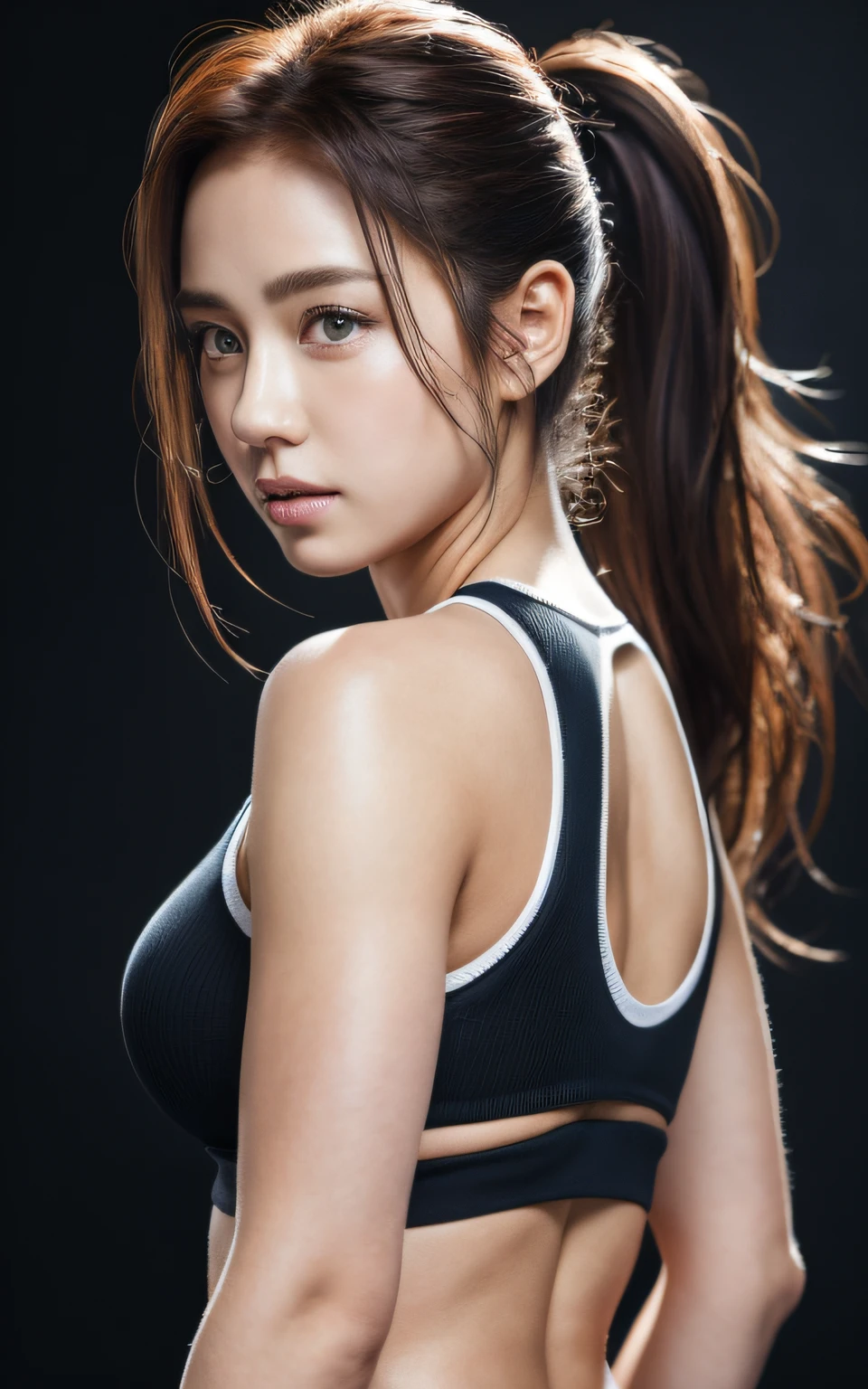 Highly detailed CG Unity 8k wallpaper, top quality, super detailed, masterpiece, realistic, photo realistic, very detailed cute girl, 25 years old, Muscle, abs, round eyes, viewer,  blush, parted lips, half body shot , 
sportswear , Arena , look back, short ponytail