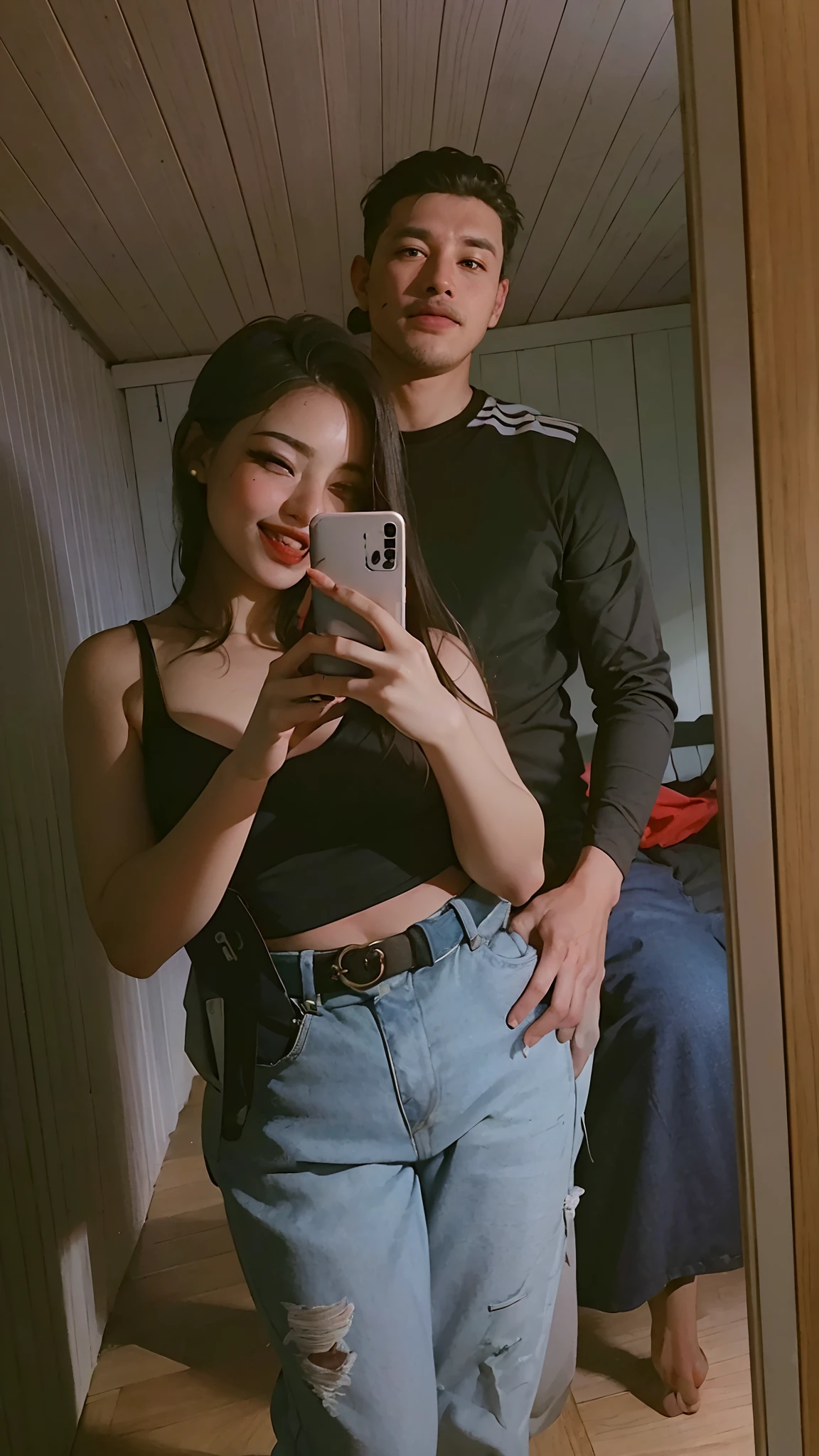 ((Best quality, 8k, Masterpiece :1.3)), A pretty woman with perfect figure :1.4, (Slender abs), Black hair, Small breasts, Panties, Toe touch, lingerie, Highly detailed face and skin texture, Detailed eyes, Double eyelid, Chaeyoung from Twice