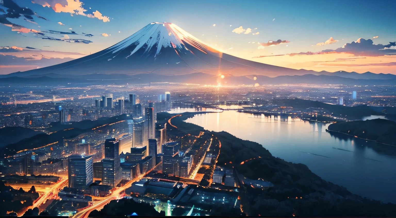 Makoto Shinkai style, Mount Fuji, Honshu Island, (illustration: 1.0), epic composition, realistic lighting, high-definition detail, masterpiece, best quality, (very detailed CG unified 8k wallpaper), 1 man