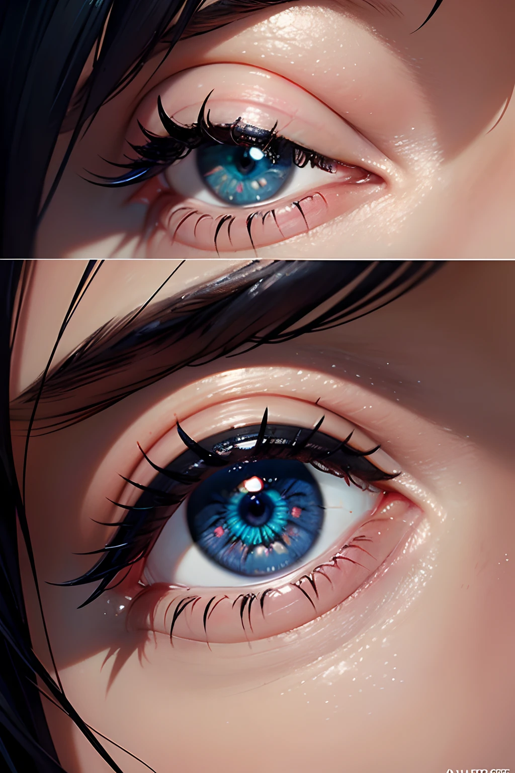 um close up de um close up do olho de uma pessoa, Artgerm Julie Bell Beeple, trending dribble, spritesheet vfx!!!!!, irises, BJD, inspirado em Gwenny Griffiths, cores brilhantes altamente detalhadas, beautiful and friendly eyes, Directed by: Anne Stokes, Detailed projections