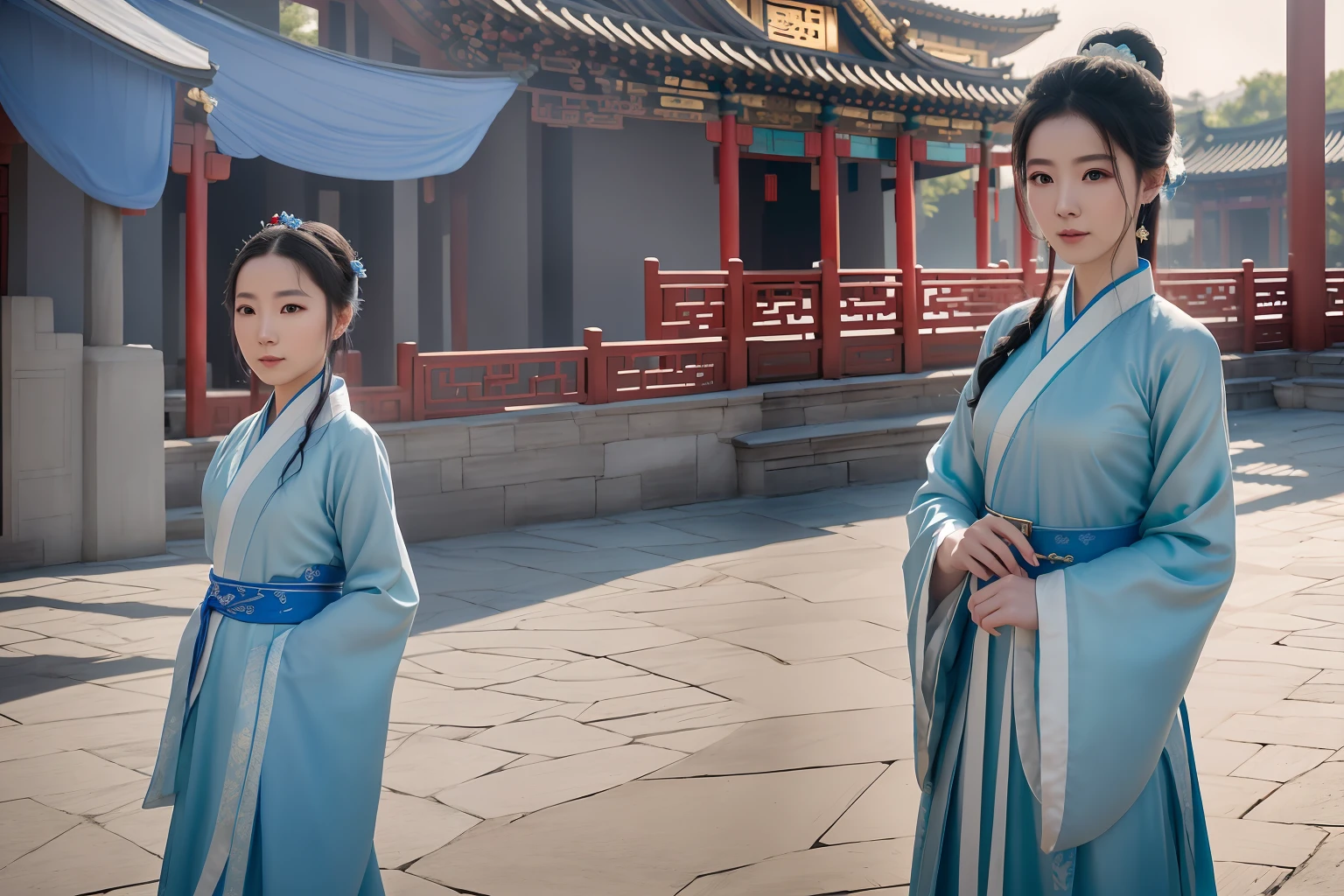 Personality details, realistic image, real people, ancient Chinese era, Han Fu Dynasty era, a young woman wearing a valuable orange and blue silk dress walking with a maid wearing a gray brocade dress, wearing a white robe over a servant's robe, standing in front of the inspection station to enter the city, found a young man sitting in a red dress, wearing a gray robe over a table, stamping an imprint, the atmosphere shows the past of the old city, filled with dust.
