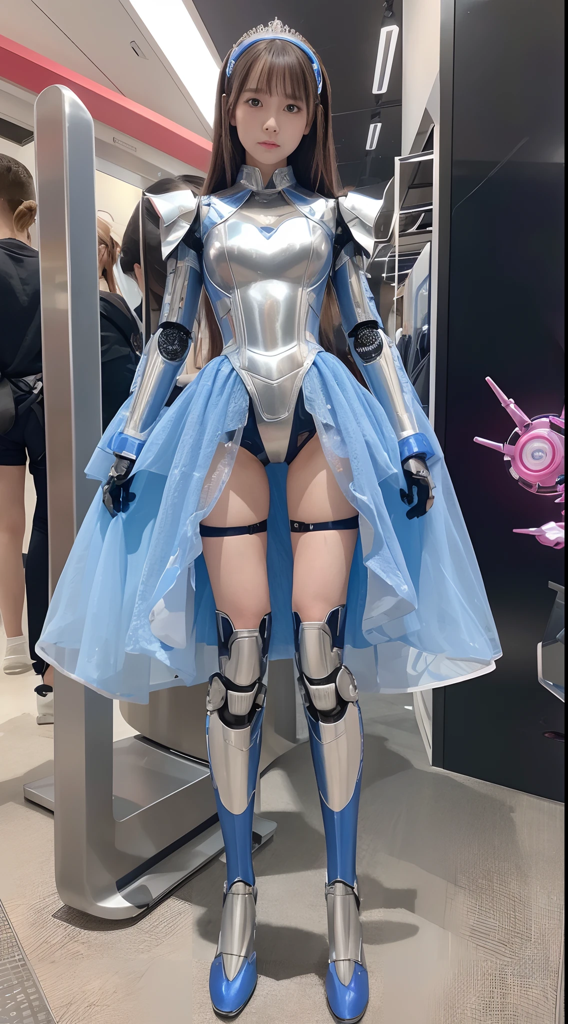Robot Girl, pink there, Silver, Metallic body, Robot Parts, Metal Parts, Super Detailed Face, Super well-formed face, of the highest quality, a small face, small head, Brown hair, Slender body, Camera gaze, Internal Mechanical Exposure, Idol, front facing, Well-proportioned body, sale, Exhibited, Event Hall, Moe Pose, Blue Metallic Lace Queen Dress Machine Armor, Standing with legs open, Model body type, sad, Embarrassing,(Perfect Robot Girl),(Perfect machine body)