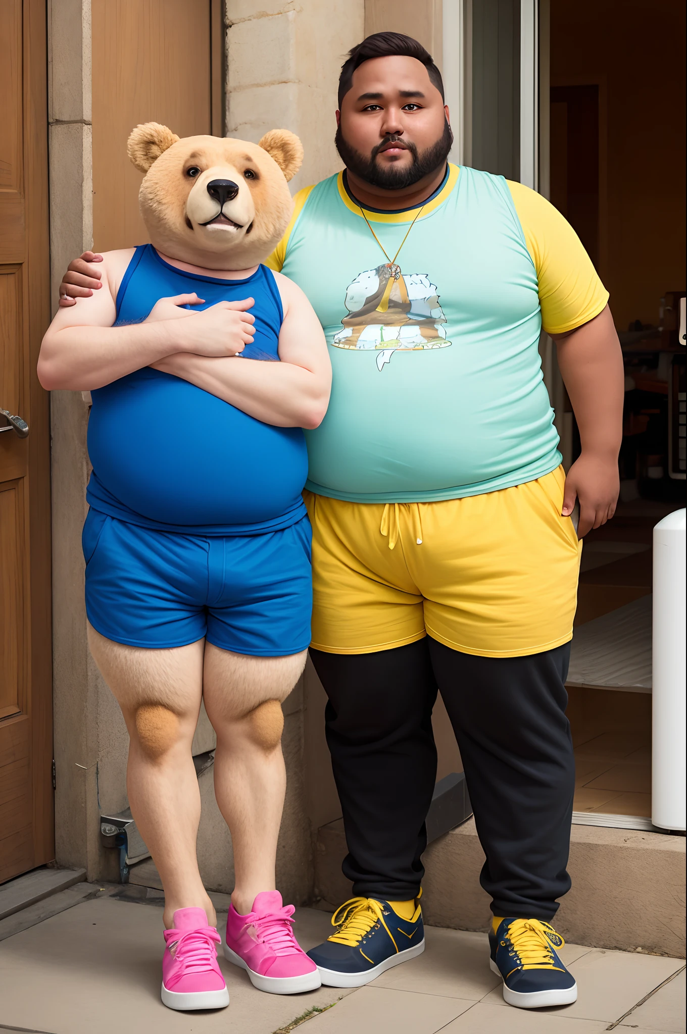 Furry anthropomorphic male cute fat bear with yellow and blue tanktop, pink shorts chony paws an tired anime eyes and 50's haircut