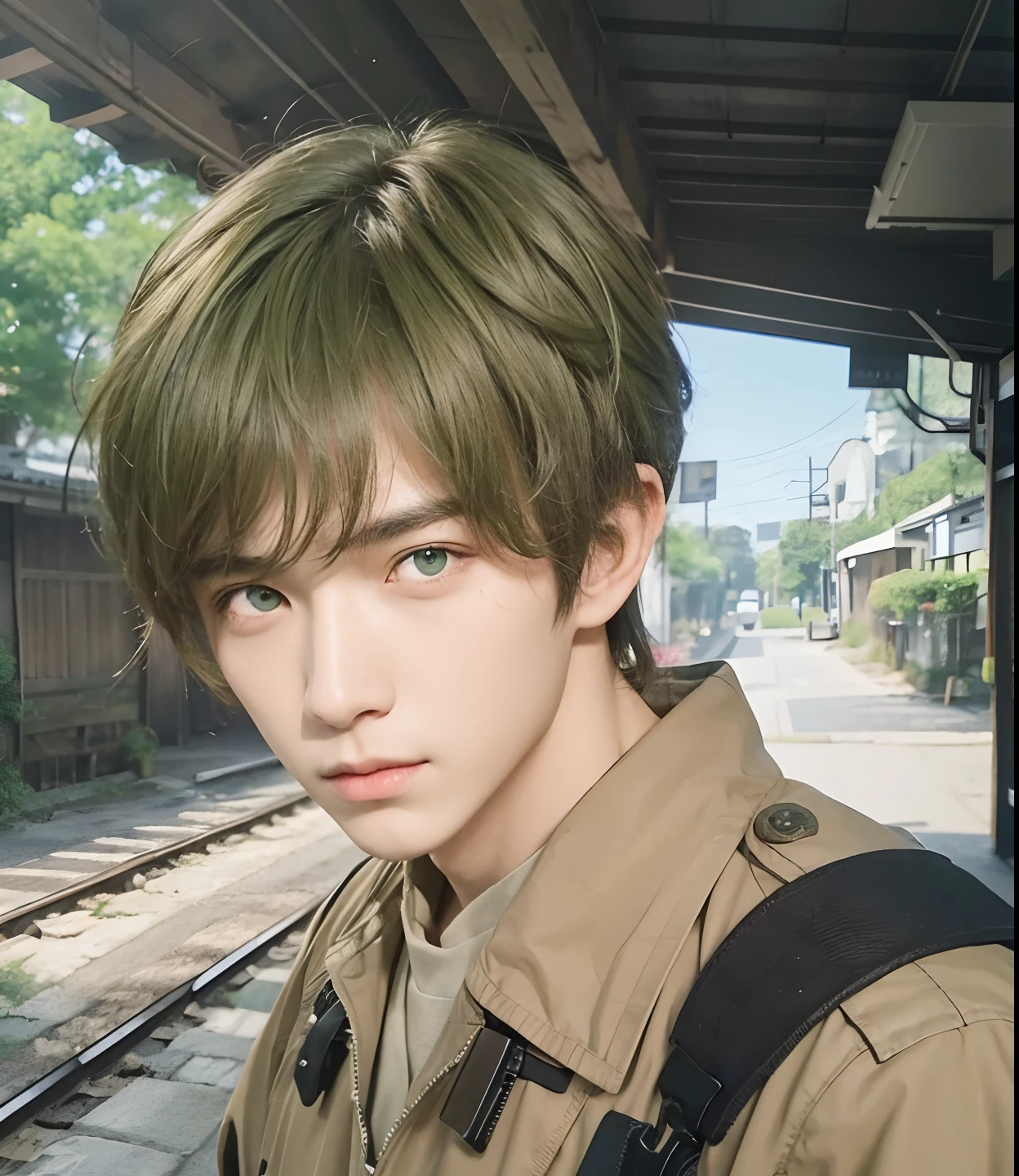 A man with realistic army hair, exactly the same hairstyle, realistic green eyes, realistic Japanese handsome face, realistic cool expression,Adapt exact clothing, realistic light, realistic shadows, realistic background,Realistic withered eyes