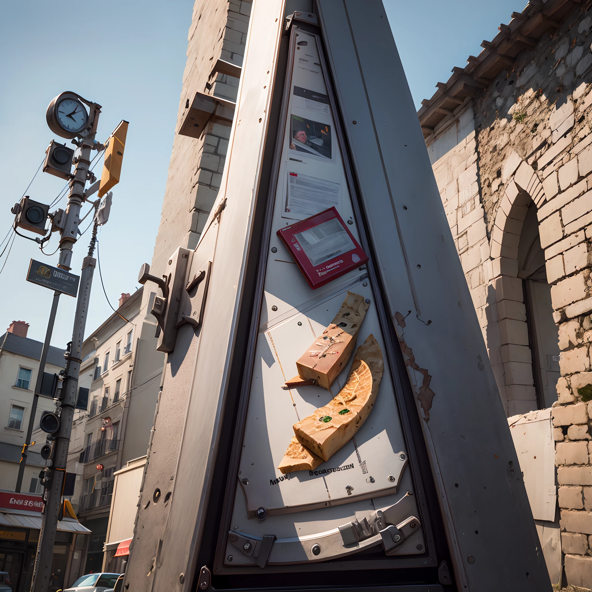Photo of a newly erected McGuillotine. The McGuillotine is exactly like a normal guillotine, except the blade has been replaced by a double-blade fashioned from the Mcdonald’s golden arches logo.