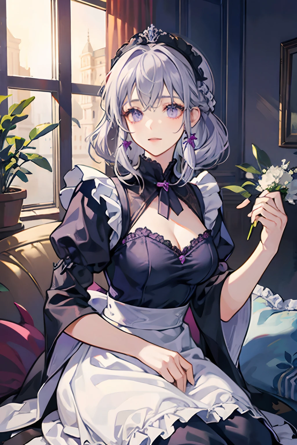 beautiful maid with silver hair and her eyes is shiny violet color.