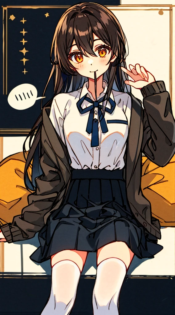 Hori Kyouko, 1 girl, black skirt, black tights, brown hair, cardigan, mouth closed, collared shirt, dress shirt, hair between eyes, hand up, Katagiri High School uniform, long hair, long sleeves, looking at viewer , orange eyes, school uniform, shirt, sitting, skirt, alone, speech bubble, split mouth, thighs, white shirt, a young girl in a black skirt and black thigh-high stockings, shows her unique style with her brown hair and cardigan . His closed mouth adds a touch of mystery to his expression. He wears a collared dress shirt as part of his Katagiri High School uniform, with a strand of hair falling between his eyes. Confidently raising her hand, she sits alone, with long sleeves and a skirt on her uniform. Her captivating orange eyes look directly at the viewer, capturing their attention. To complete his outfit, he wears a white shirt under his uniform, a closed cardigan that denotes the ribbon on his shirt. With her split mouth and charming presence, Hori Kyouko stands out in the school environment, leaving a lasting impression, flag chest, erotic cute