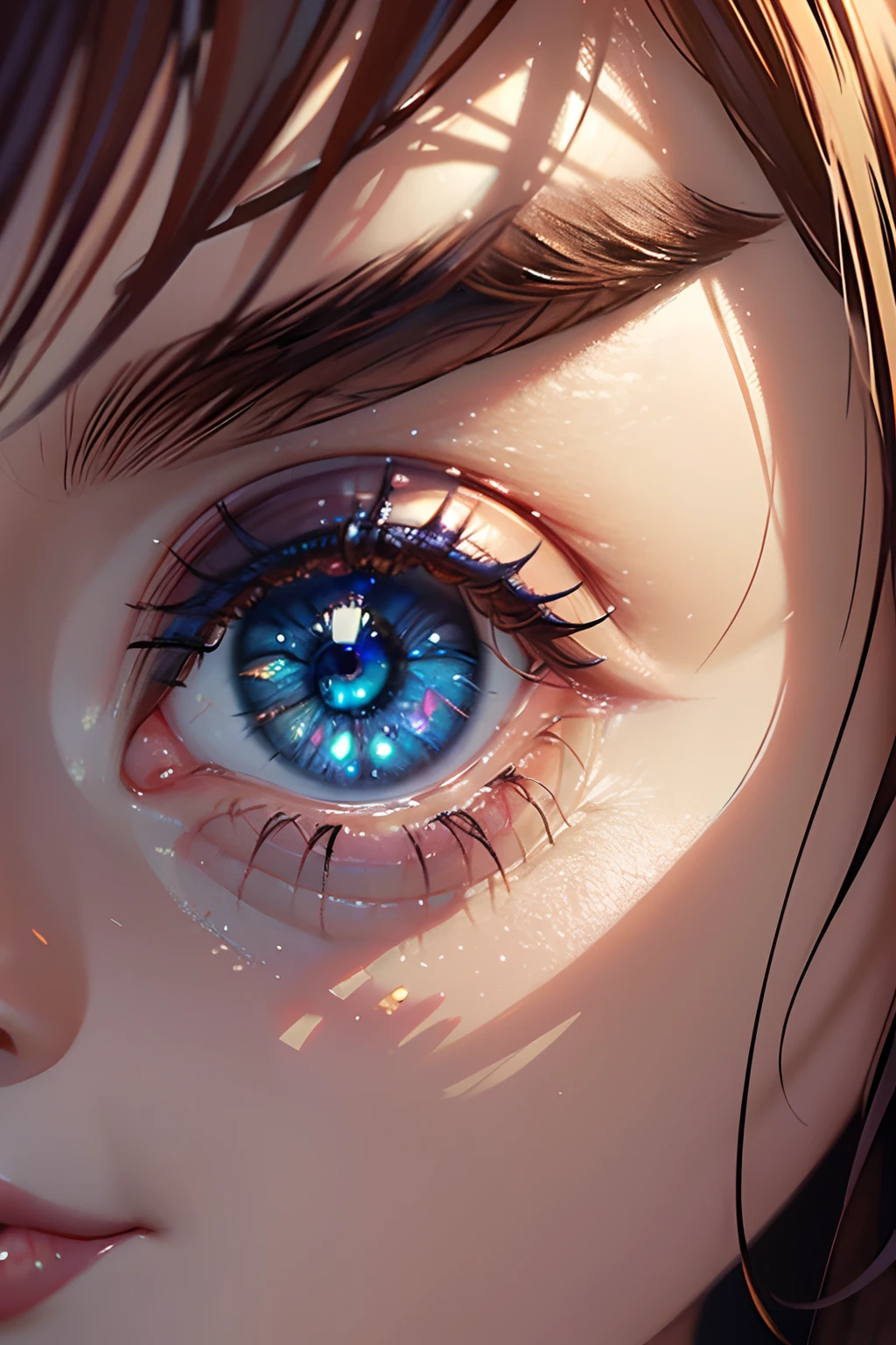 um close up de um close up do olho de uma pessoa, Artgerm Julie Bell Beeple, trending dribble, spritesheet vfx!!!!!, irises, BJD, inspirado em Gwenny Griffiths, cores brilhantes altamente detalhadas, beautiful and friendly eyes, Directed by: Ana Stokes, Detailed projections