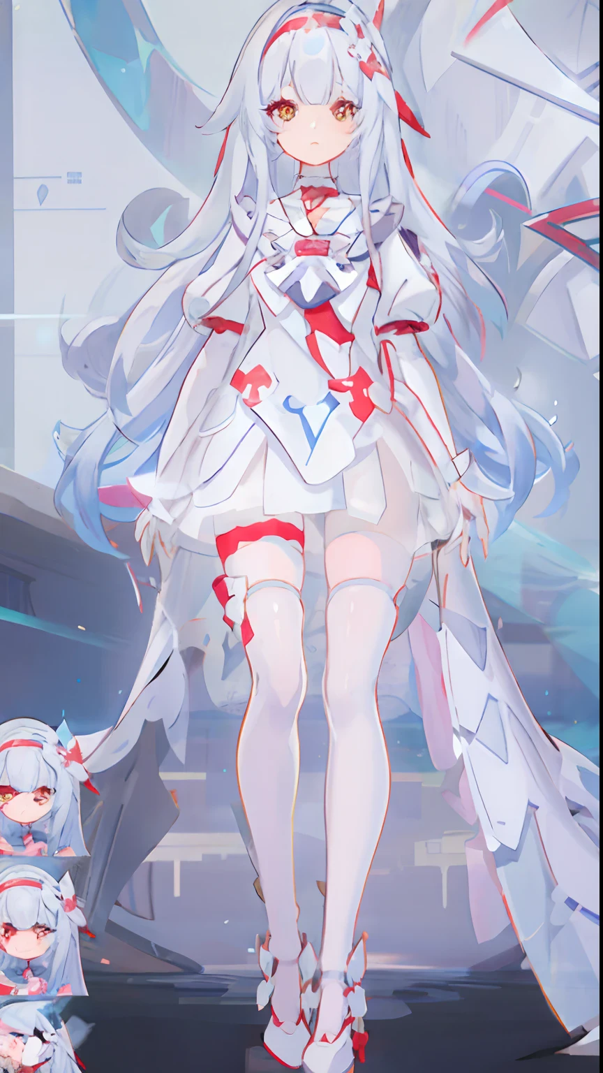 Anime - Stylistic image of a woman in a white dress and blue hair, azur lane style, A scene from the《azur lane》videogame, clear outfit design, 《azur lane》role, Digital art on Pixiv, small curvaceous loli, full body portrait of a short!, ethereal and mecha theme, symetry!! concept-art, cute anime waifu in a nice dress