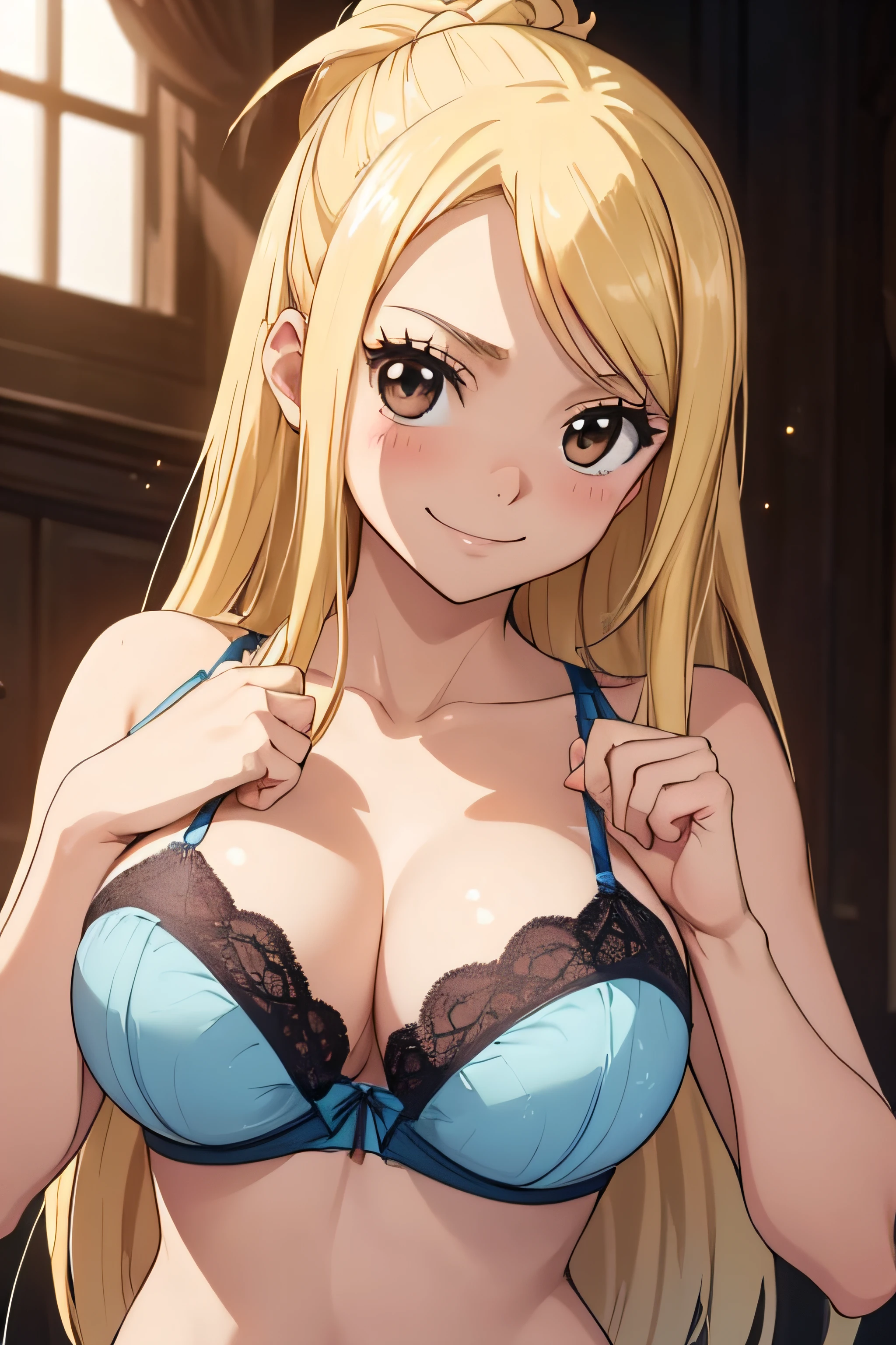 high definition, 8K, detailed face, grabbing her breast, showing her breast, Lucy Heartfilia from Fairytail, ((Dark brown eyes)), ((light blue lingerie)), spa, ((large breasts)), slim and thin, body of equal proportions, ((focus on her breast)), front view, four fingers and 1 thumb, ((2 hands)), Blonde hair, Beautiful smile, Smiling at viewer, blushing cheeks,