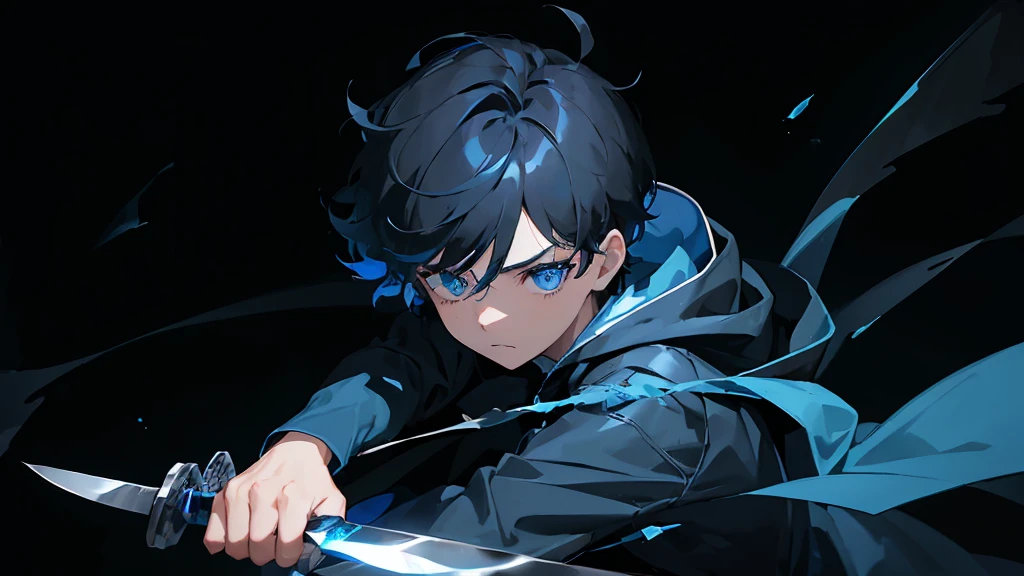 black backgrounds、brilliance、Particles of light、chromatic abberation、(One Boy:1.3)、A dark-haired、(Blue Jacket Hood)、(blue eyess:1.6)、Works with colorful textures、(hair messy:1.2)、short-hair、(Boy fighting with a knife:1.3)、Boy with a blue dagger、Blue knife、daggers