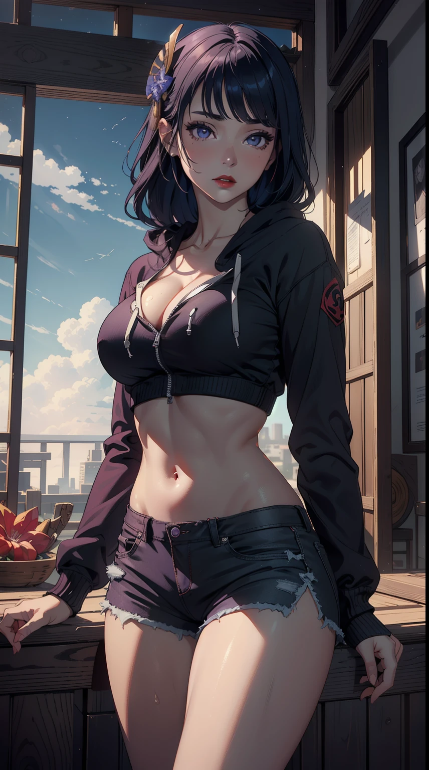 ((masterpiece)),(bestquality),((ultra-detailed)), ((beautiful detailed sky)), ((cinematic lighting)), depth of field, (dynamic angle),detailed lighting,(beautiful detailed eyes), (cropped hoodie, crop top, shorts), indoors, red lip, eyeshadow,large breast, sexy, cleavage, bare thighs, raidenshogundef