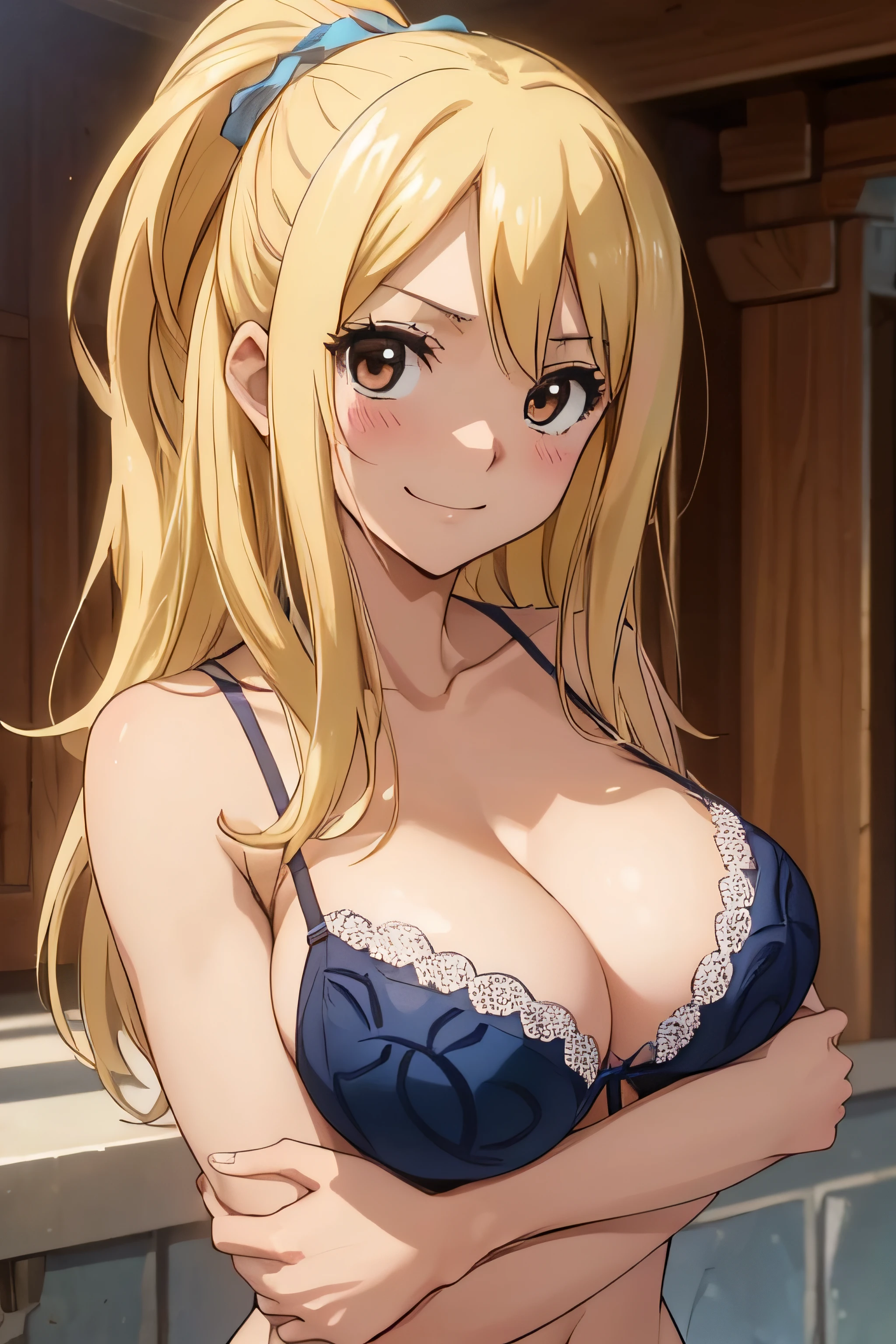 high definition, 8K, detailed face, grabbing her breast, showing her breast, Lucy Heartfilia from Fairytail, ((Dark brown eyes)), ((light blue lingerie)), spa, ((large breasts)), slim and thin, body of equal proportions, ((focus on her breast)), front view, four fingers and 1 thumb, ((2 hands)), Blonde hair, Beautiful smile, Smiling at viewer, blushing cheeks,