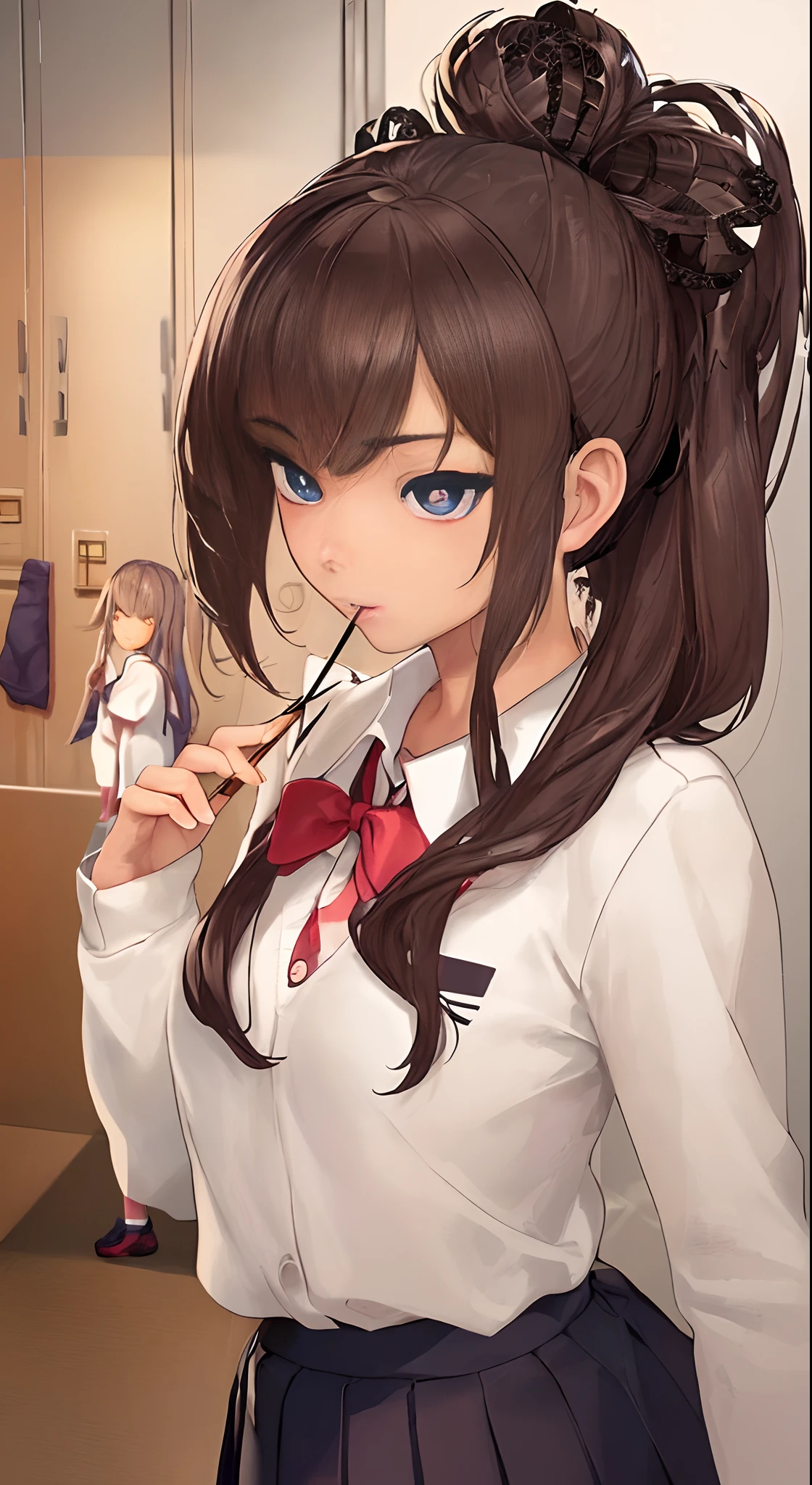{{{masterpiece}}},{{{best quality}}}, {{ultra-detailed}}, {illustration}, {{an extremely delicate and beautiful}},{{{super detailed skin}}},(((detailed))),(((beautiful detailed eyes))),(((caustics))),((2girls:1.3)),glistening skin,shiny hair, ,long_ponytail,school_uniform,locker room ,(( pocky game)),