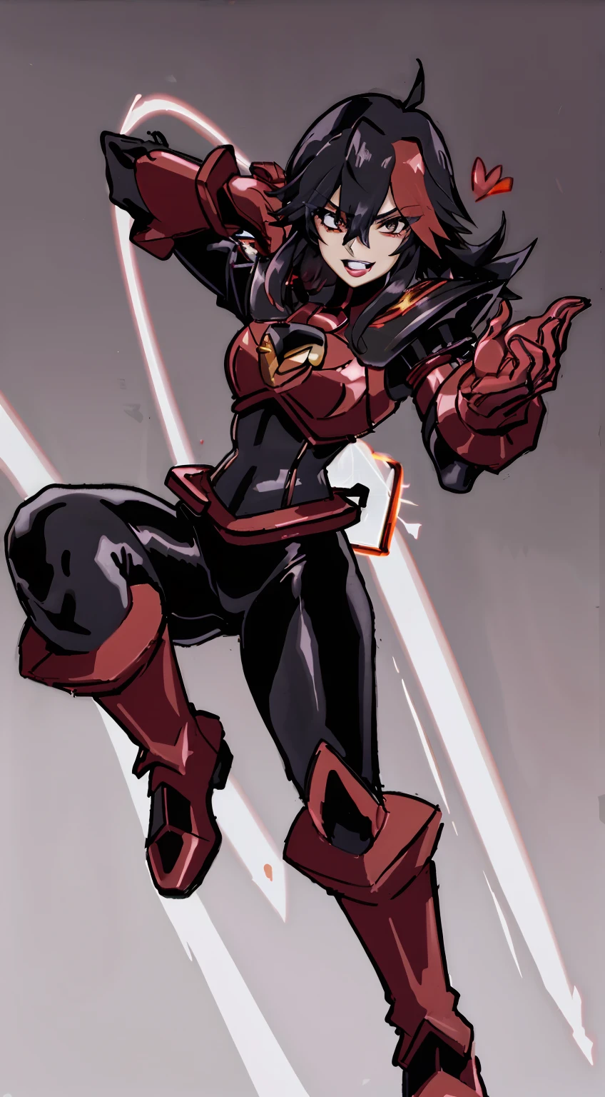 robot, sentai, metal hero,dark edgy; muscle female, knight, cape, superhero, , cute girl, big breast, smile, blush, full body, clown