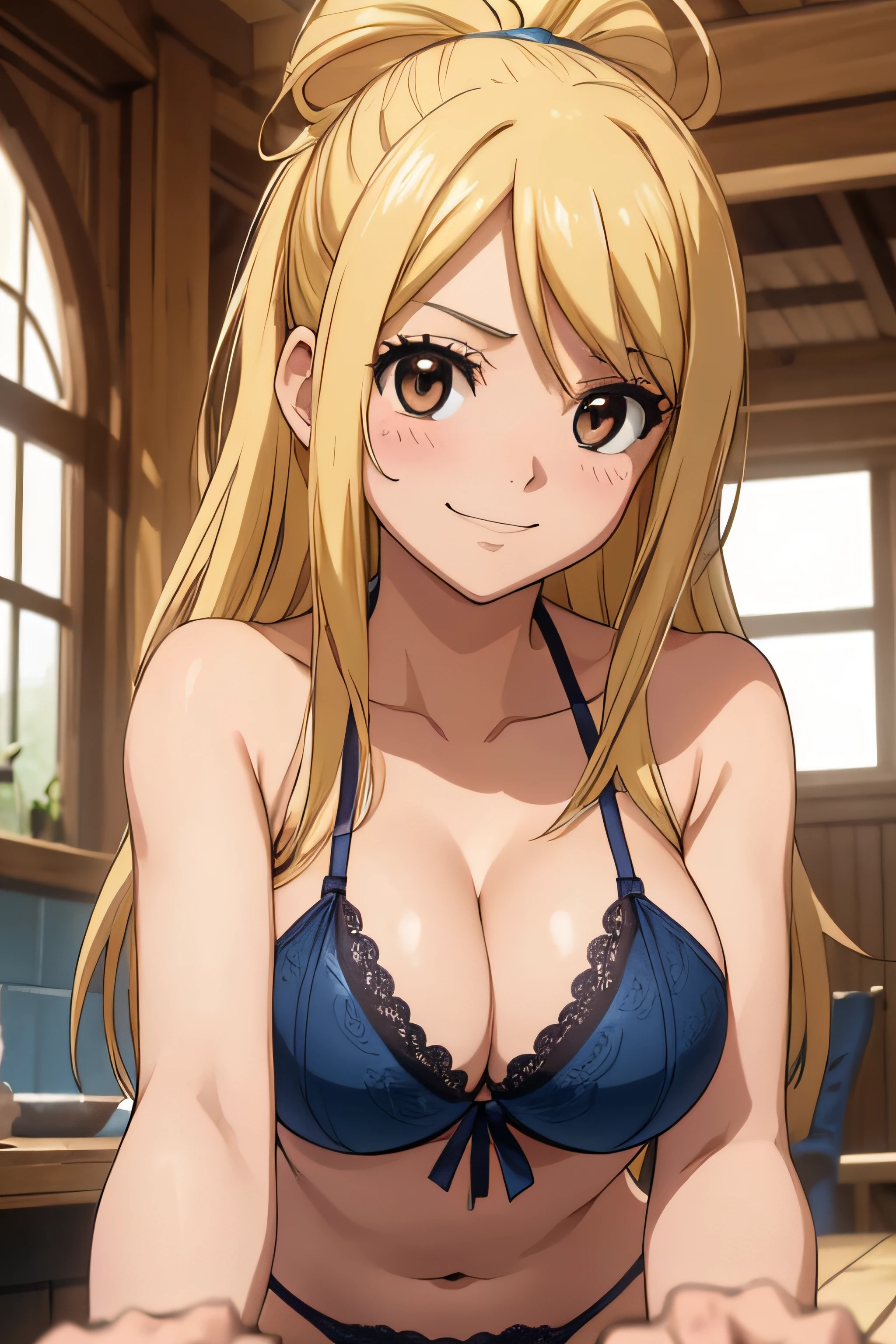 high definition, 8K, detailed face, grabbing her breast, showing her breast, Lucy Heartfilia from Fairytail, ((Dark brown eyes)), ((light blue lingerie)), spa, ((large breasts)), slim and thin, body of equal proportions, ((focus on her breast)), front view, four fingers and 1 thumb, ((2 hands)), Blonde hair, Beautiful smile, Smiling at viewer, blushing cheeks,