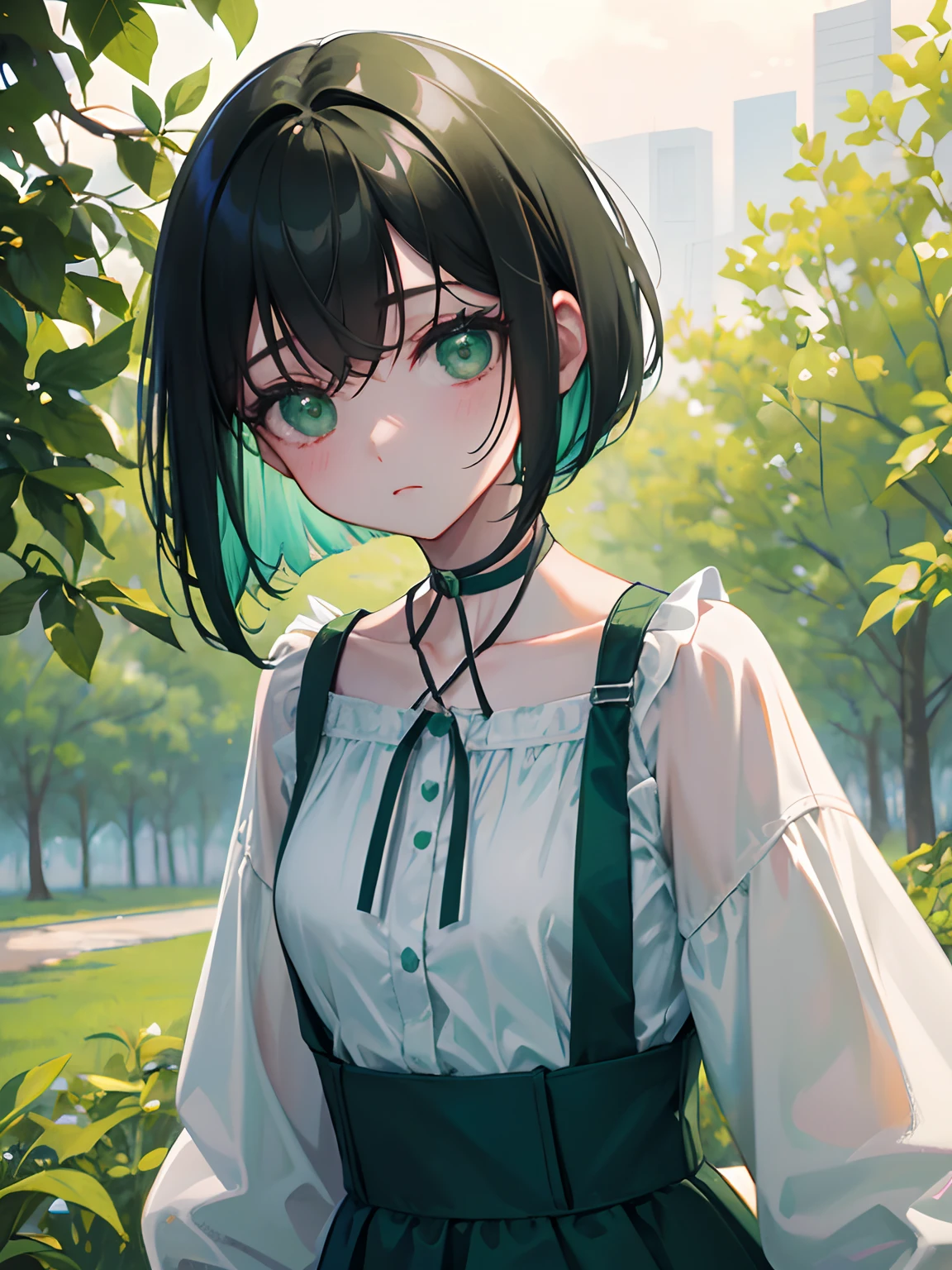 Pastel Green、high-level image quality、Pattsun bangs、Black hair short bob、Kawaii Girl、Green eyes、Choker around the neck、Workwear、PastelColors、、The upper part of the body, Delicate drawing、