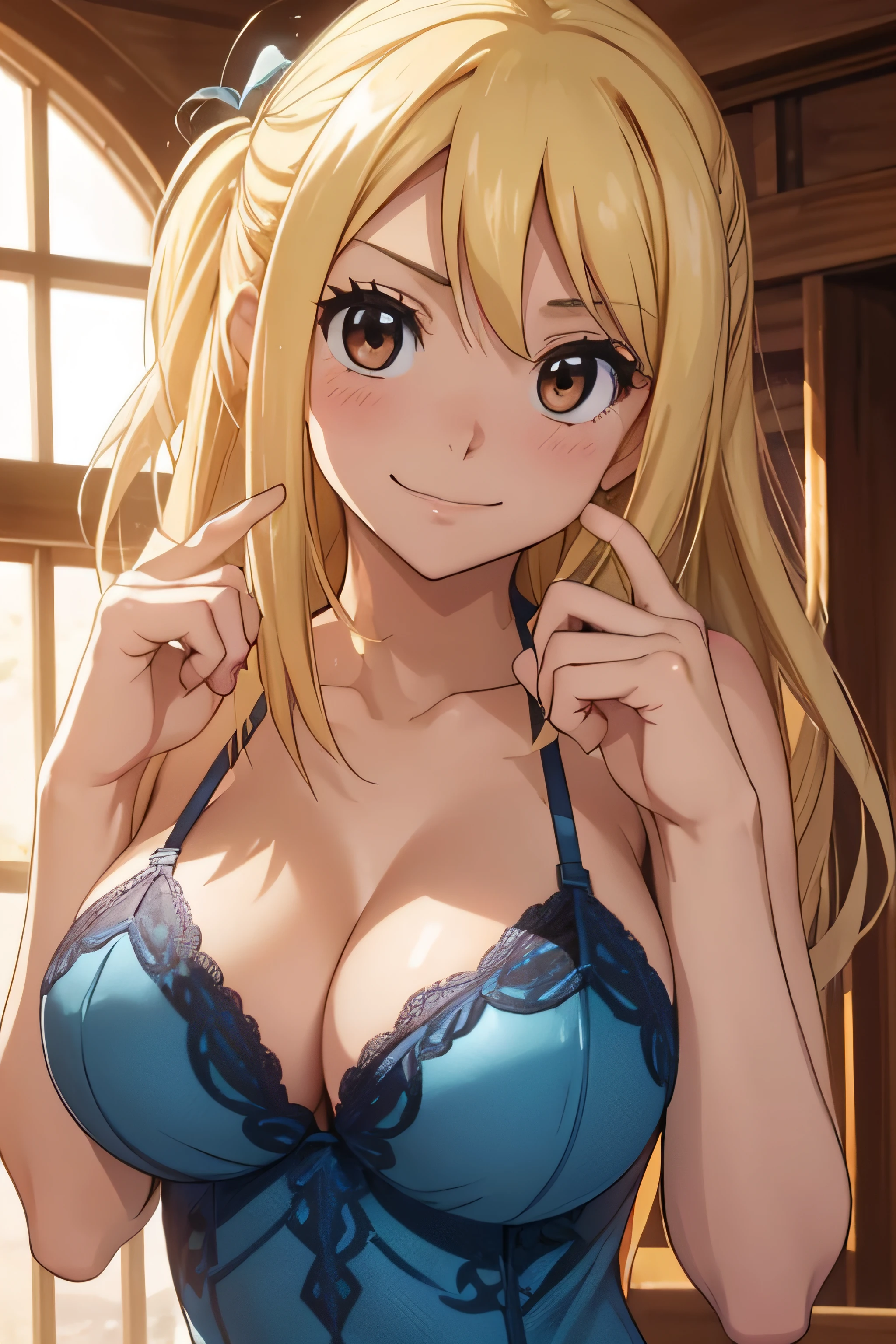 high definition, 8K, detailed face, grabbing her breast, showing her breast, Lucy Heartfilia from Fairytail, ((Dark brown eyes)), ((light blue lingerie)), spa, ((large breasts)), slim and thin, body of equal proportions, ((focus on her breast)), front view, four fingers and 1 thumb, ((2 hands)), Blonde hair, Beautiful smile, Smiling at viewer, blushing cheeks,